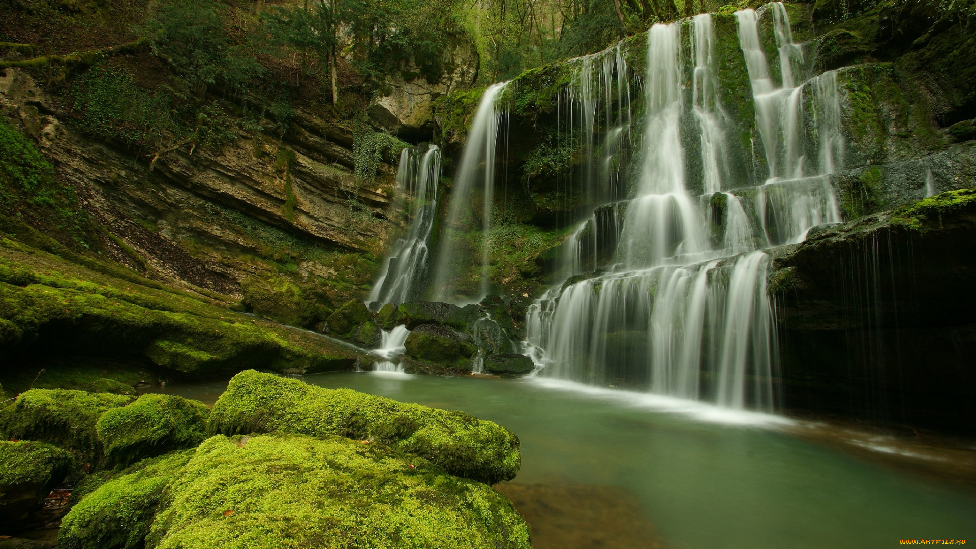 природа, водопады, роток, скала, лес