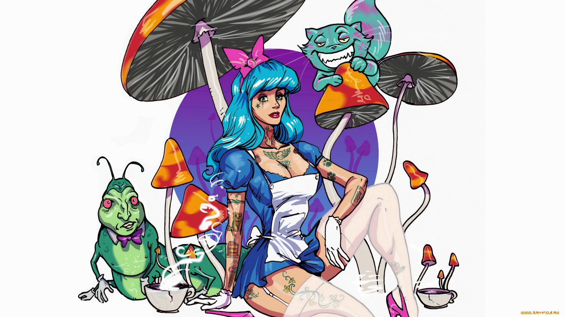 рисованное, комиксы, гриб, кот, тату, взгляд, фон, девушка, гусеница