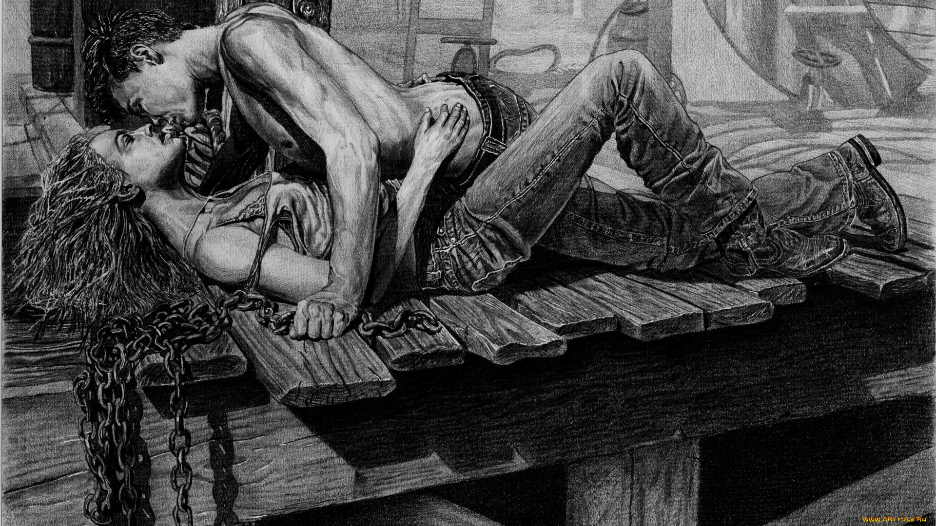 рисованное, люди, фон, мужчина, девушка, цепь, помост