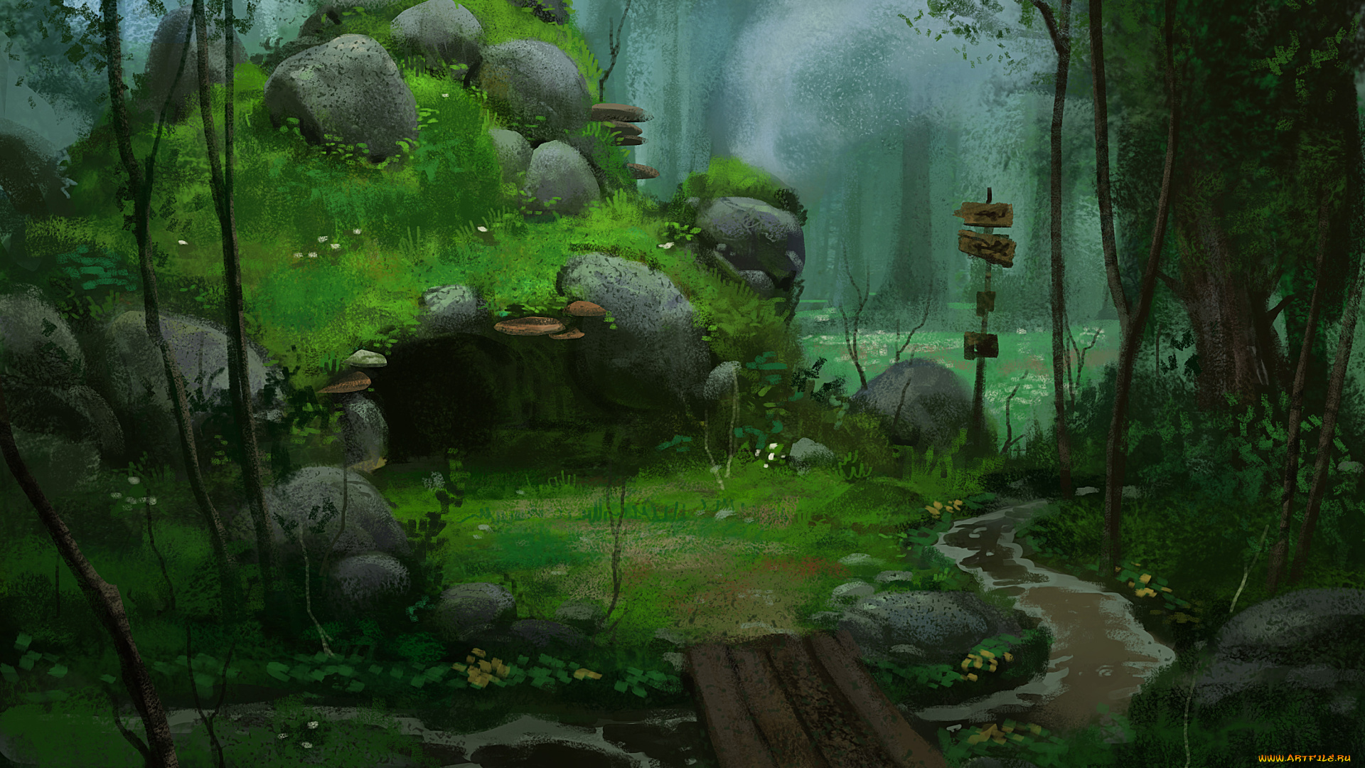 рисованное, живопись, речка, лес, землянка