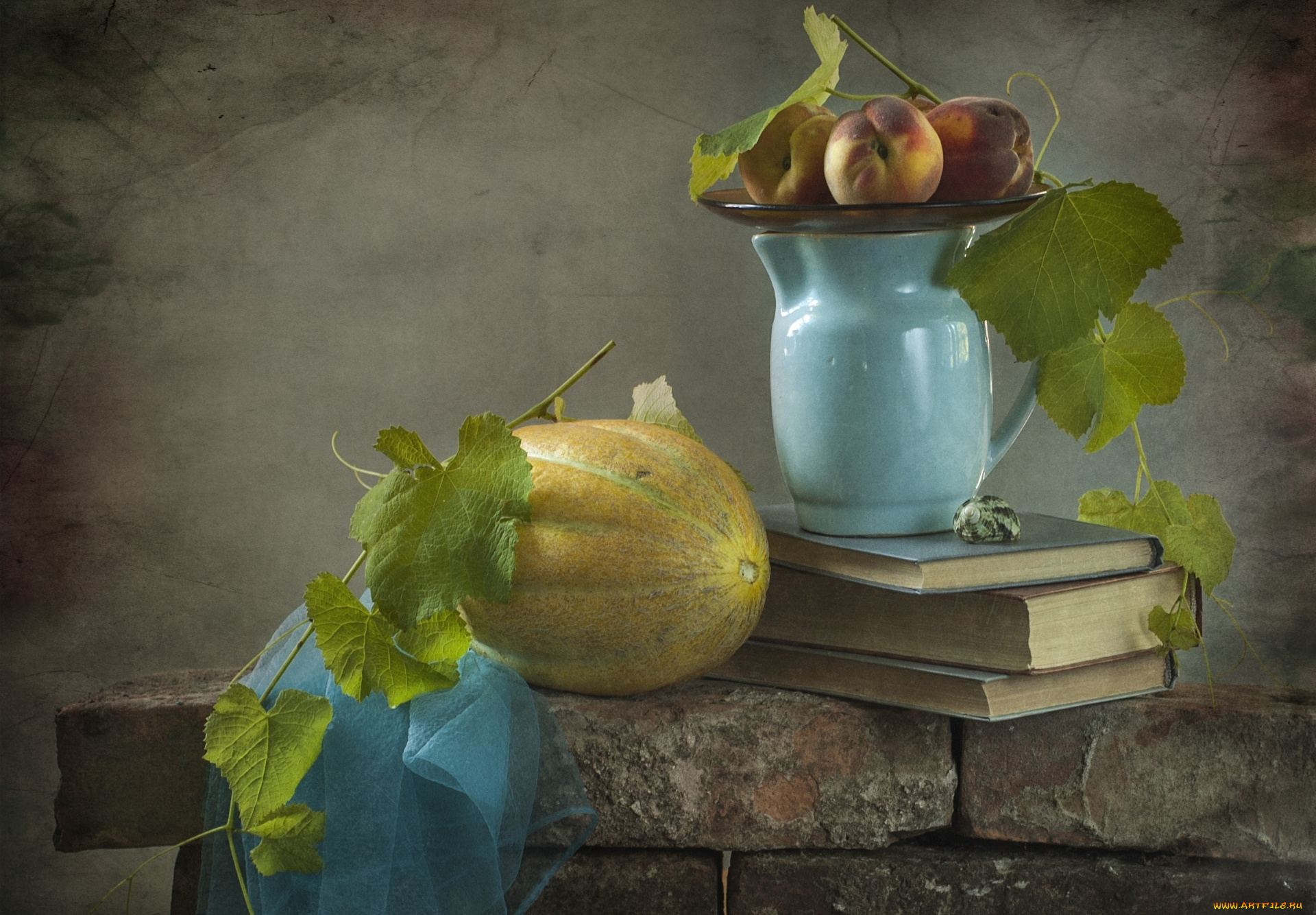 еда, натюрморт, персики, дыня, книги