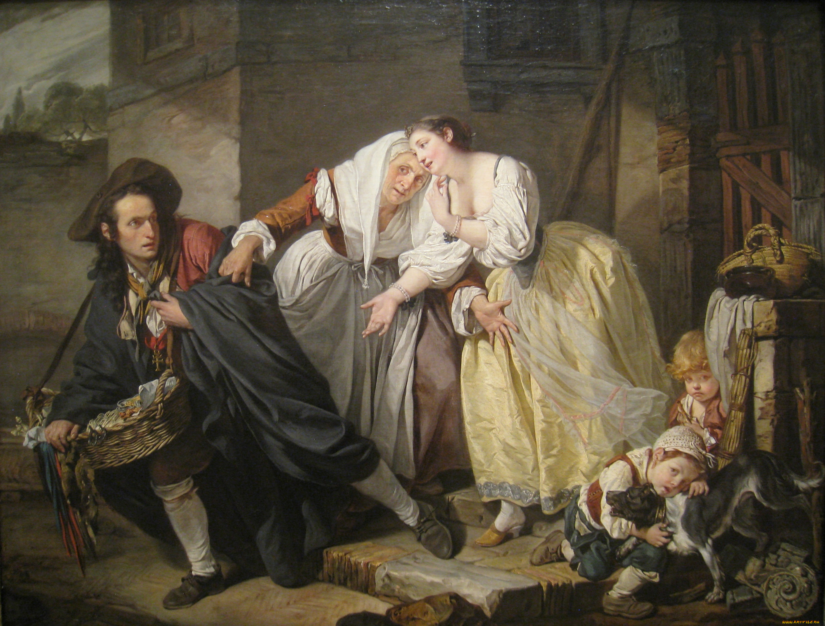 жан-батист, грез, -, жест, неаполитанца, рисованное, живопись, мужчина, женщины, собака, дети, люди