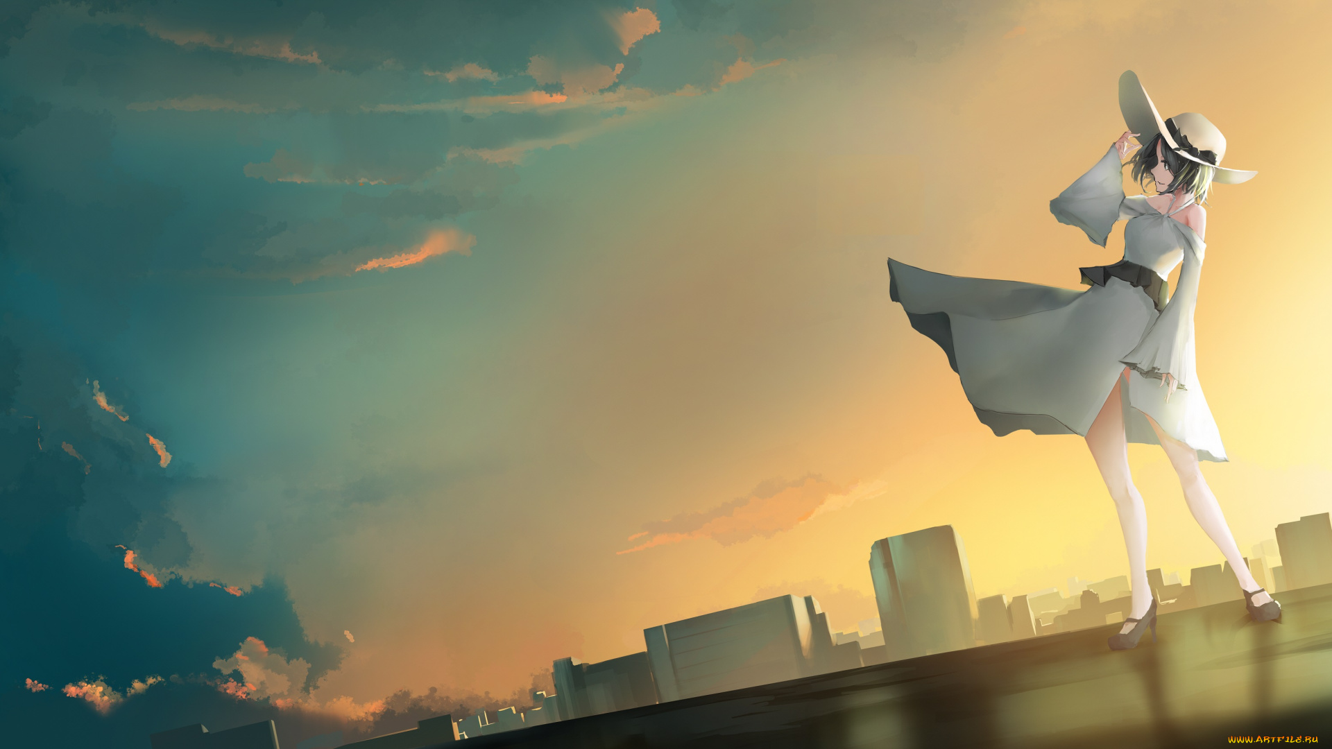 аниме, город, , улицы, , здания, девушка