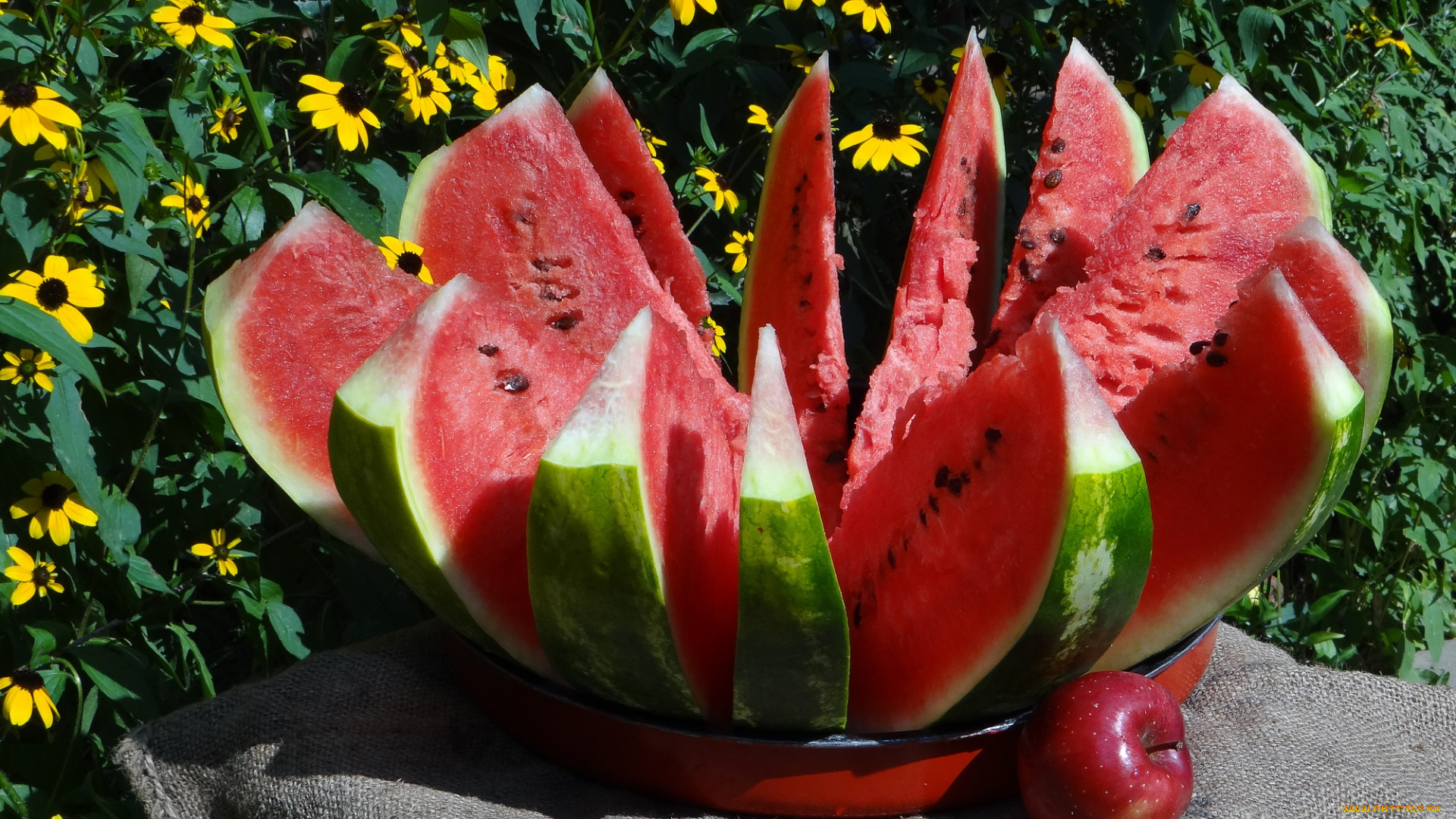еда, арбуз, корона, венец, яблоко, цветы, лето