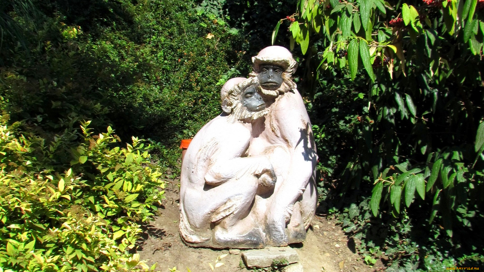 прага, разное, садовые, и, парковые, скульптуры, обезьяна, двое, растения