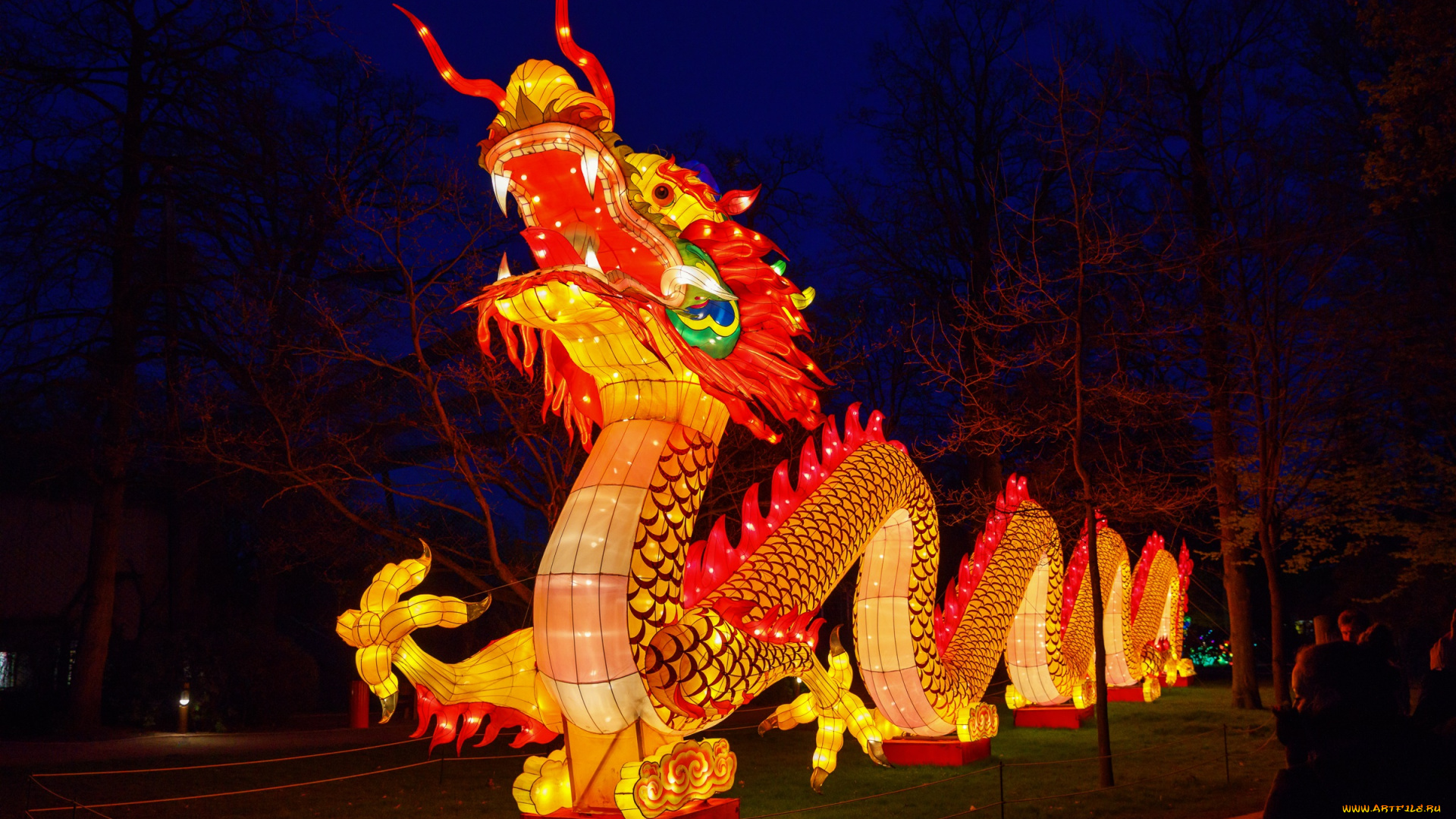 разное, иллюминация, вечер, дракон, зоопарк, китай, огни, фигура