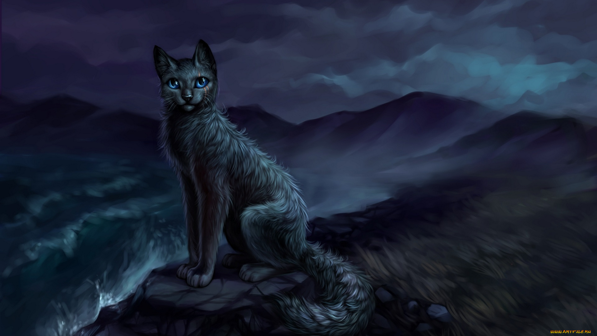 рисованное, животные, , коты, кошка, водоем, камни, ночь