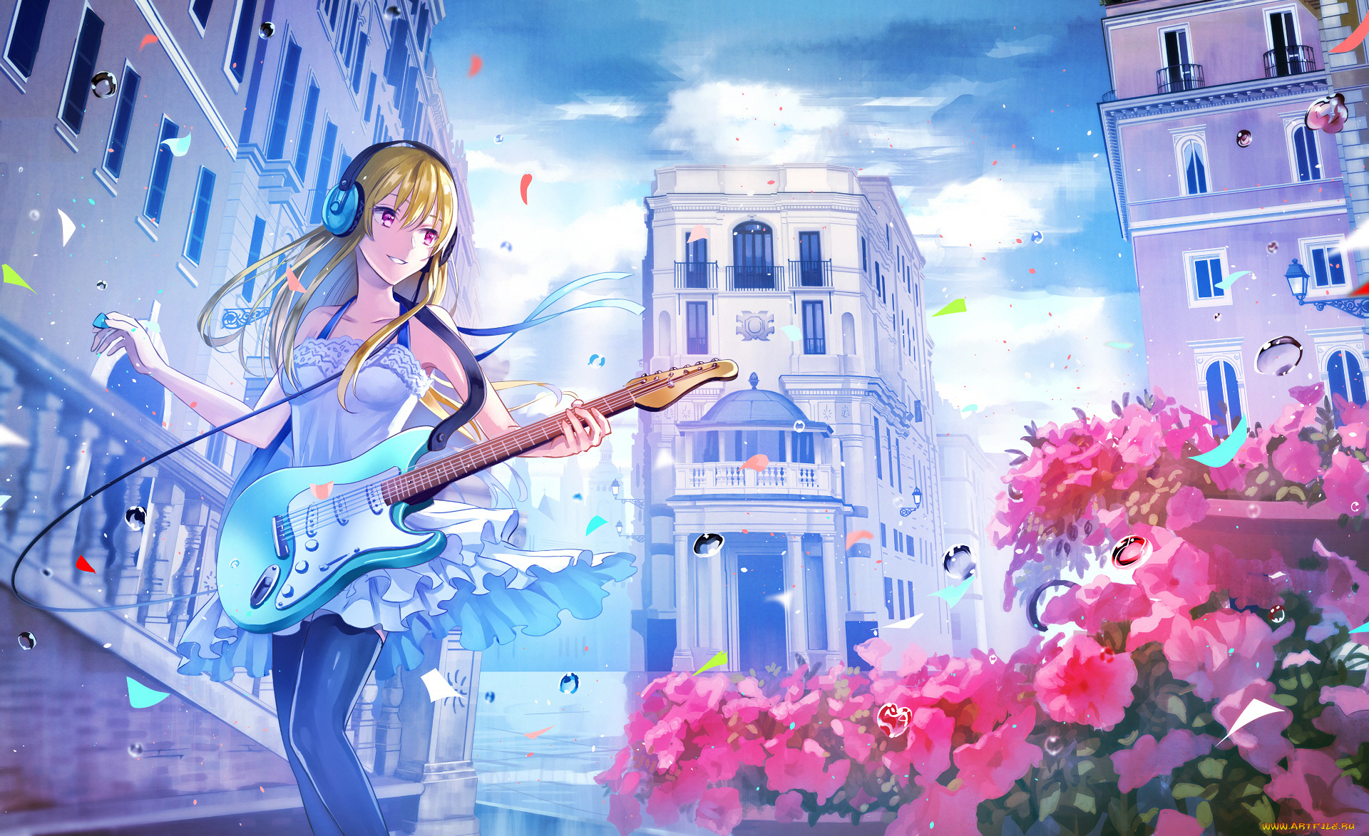 аниме, музыка, город, девушка