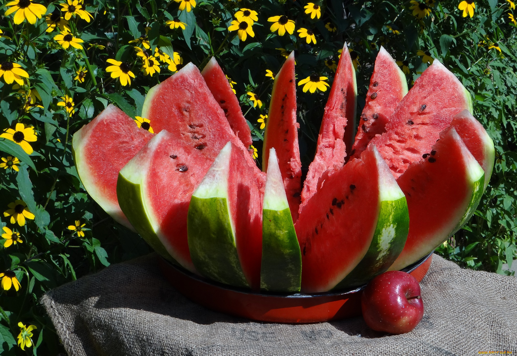 еда, арбуз, корона, венец, яблоко, цветы, лето