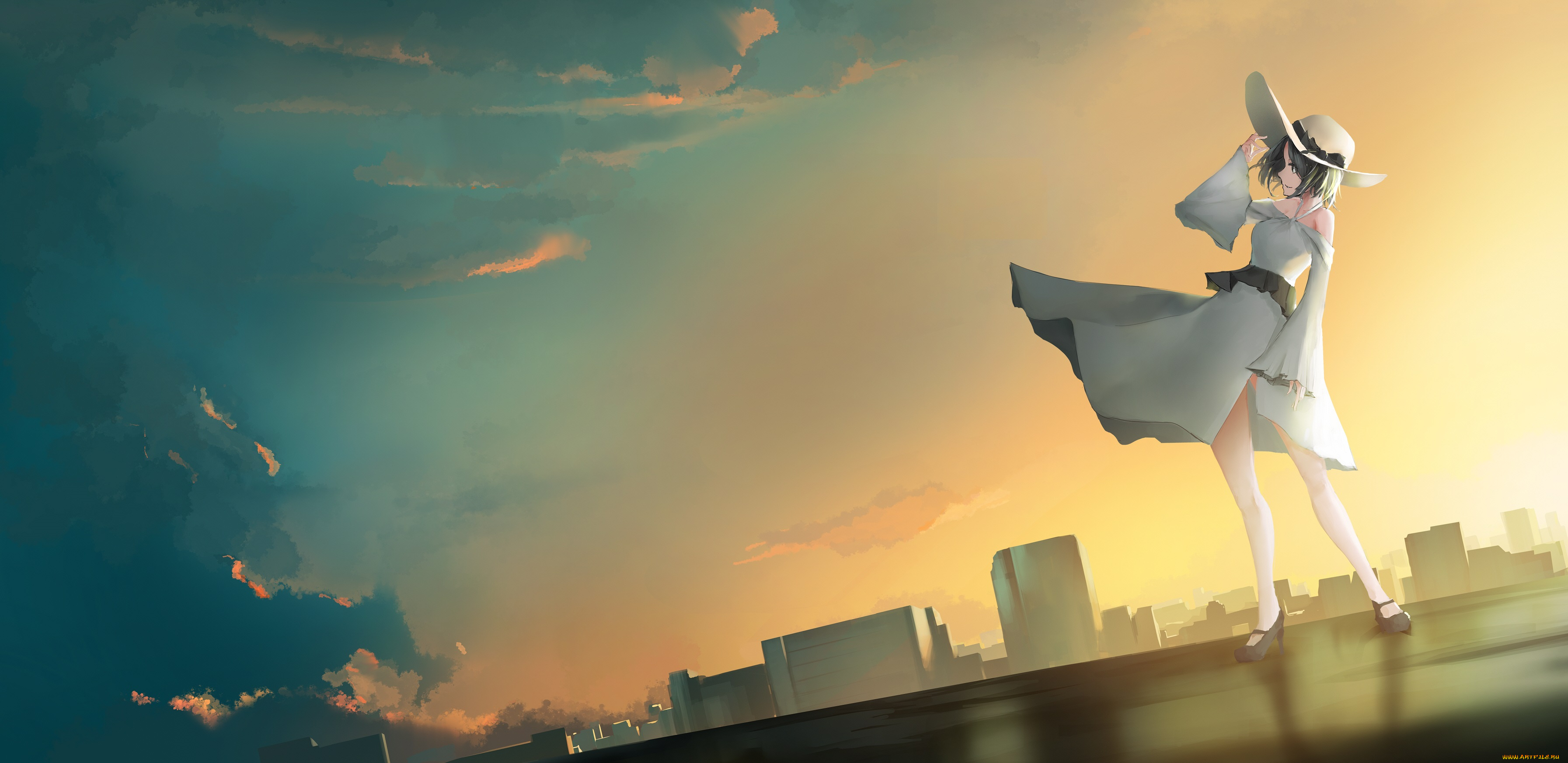 аниме, город, , улицы, , здания, девушка