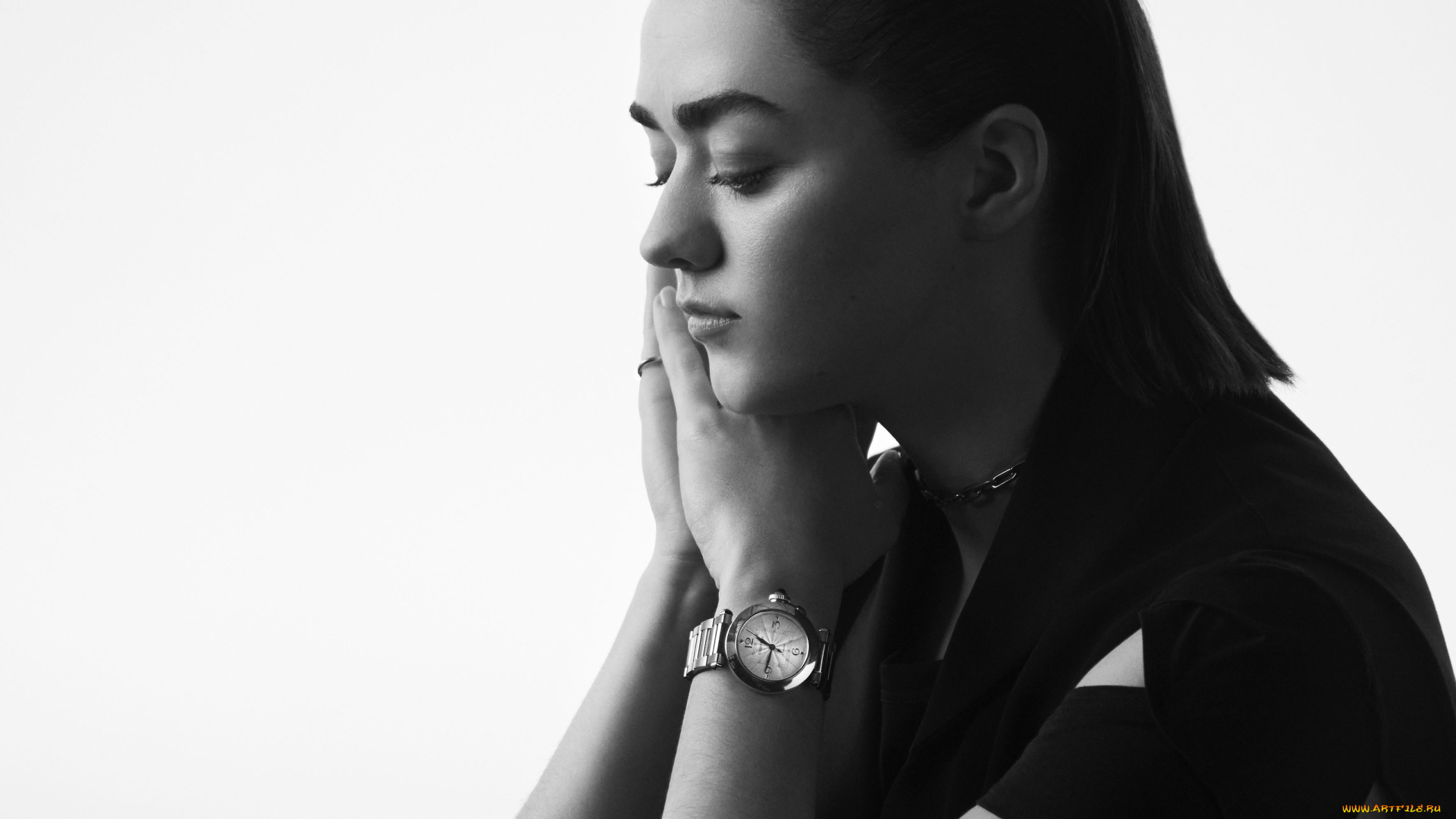 девушки, maisie, williams, актриса, черно-белая, лицо, часы