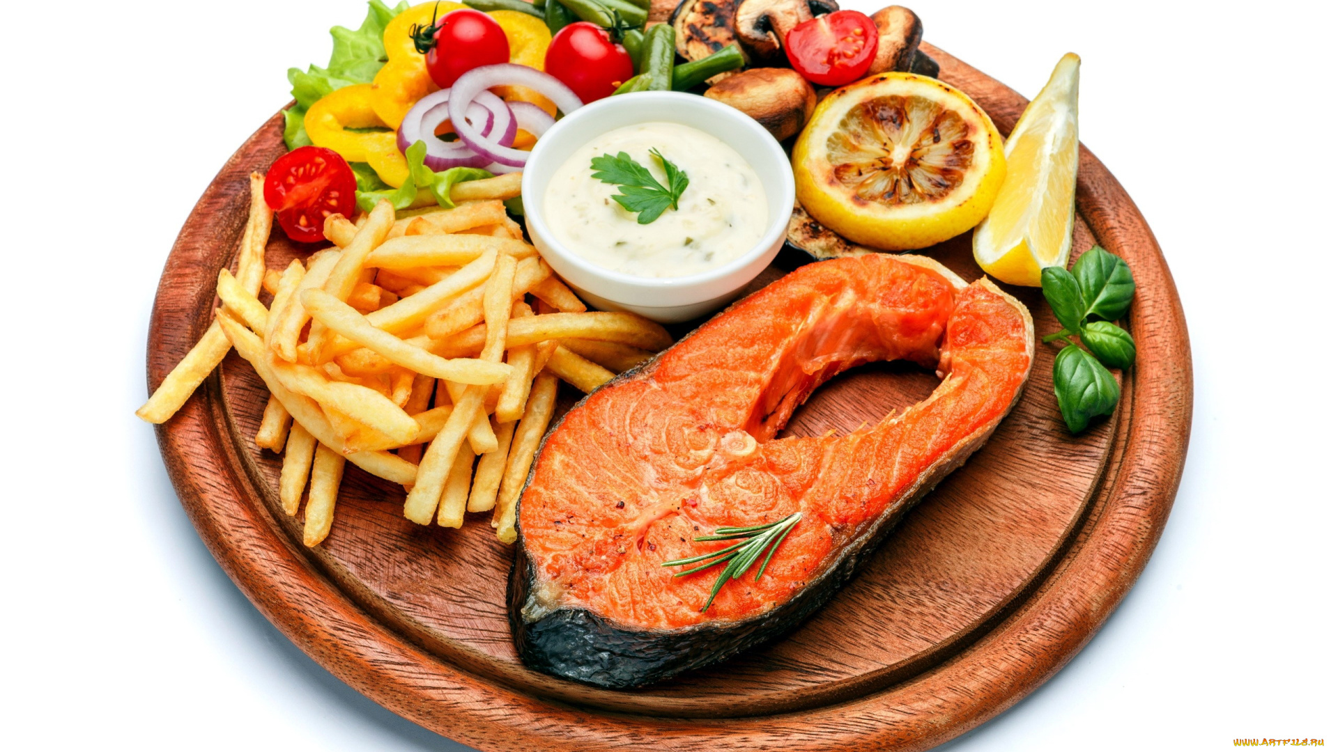 еда, рыбные, блюда, , с, морепродуктами, форель, картофель, фри, овощи, соус