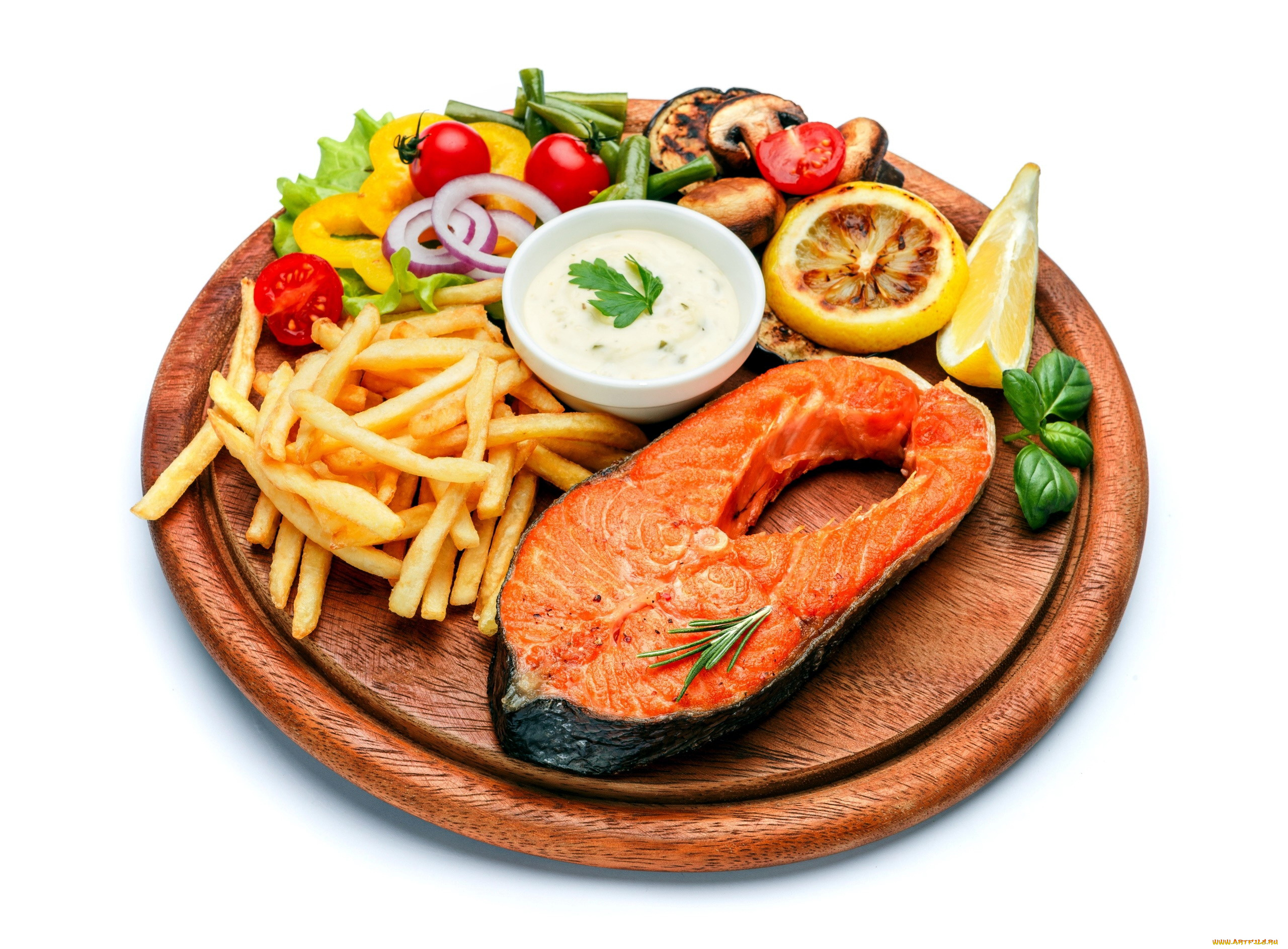 еда, рыбные, блюда, , с, морепродуктами, форель, картофель, фри, овощи, соус