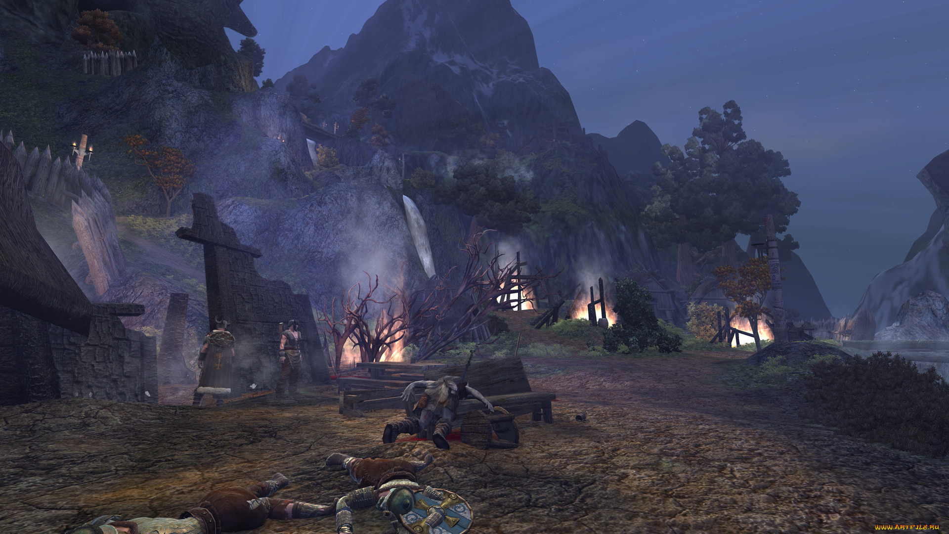 видео, игры, age, of, conan, , unchained, горы, селение, трупы, огонь