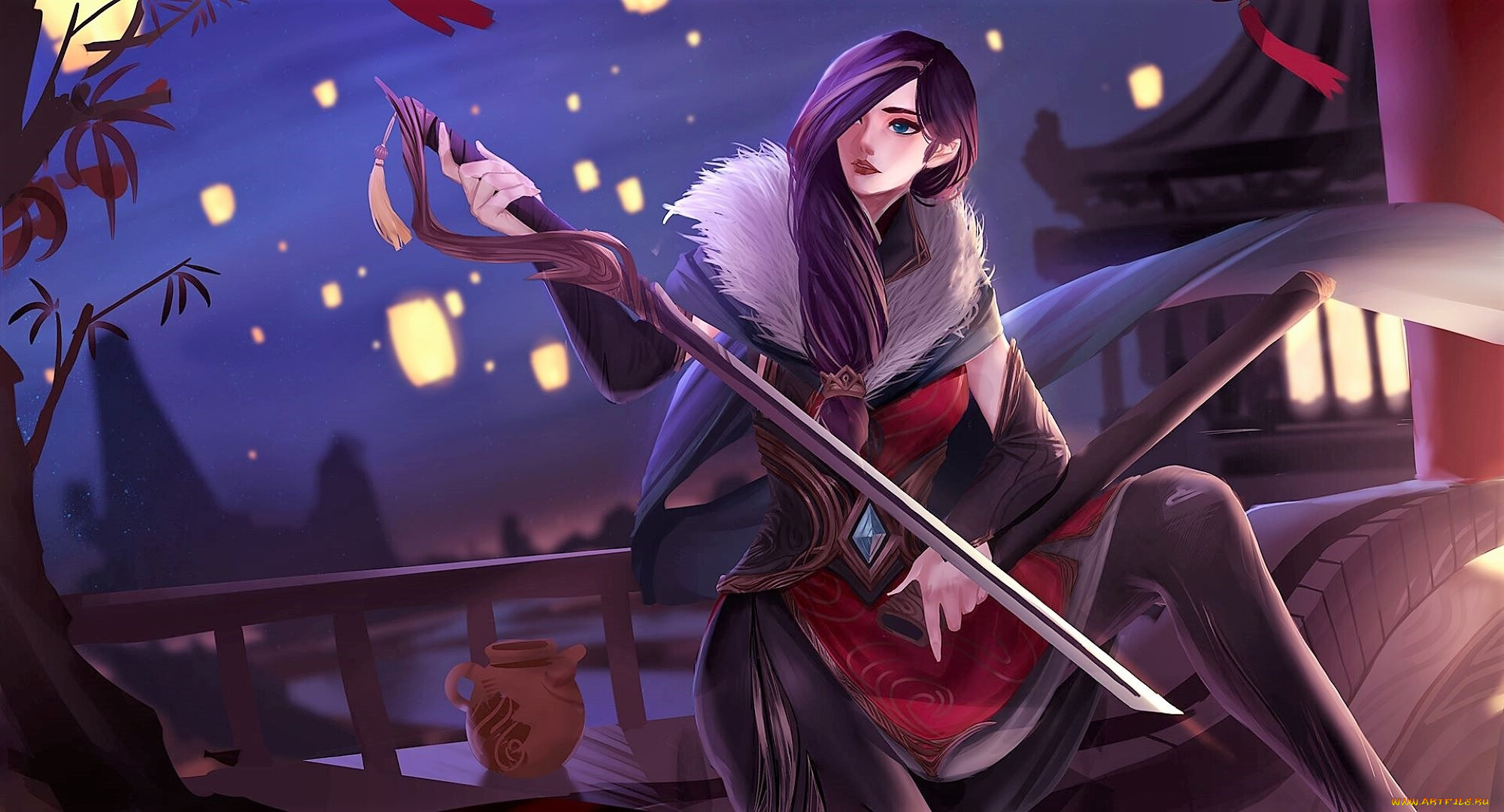 видео, игры, league, of, legends, меч, ночь, балкон, город, фонарики, fiora