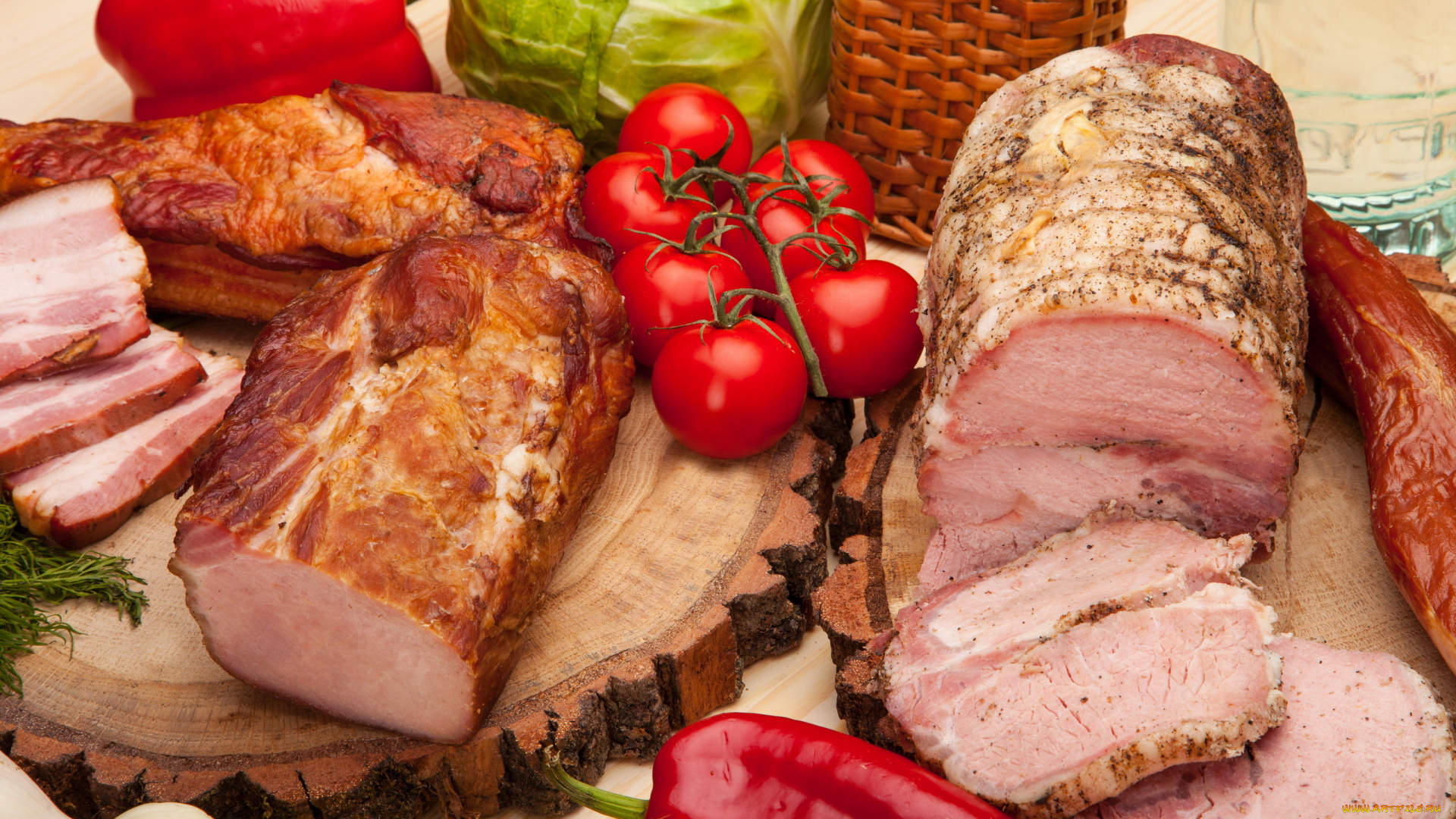 еда, колбасные, изделия, перец, помидоры, копчености