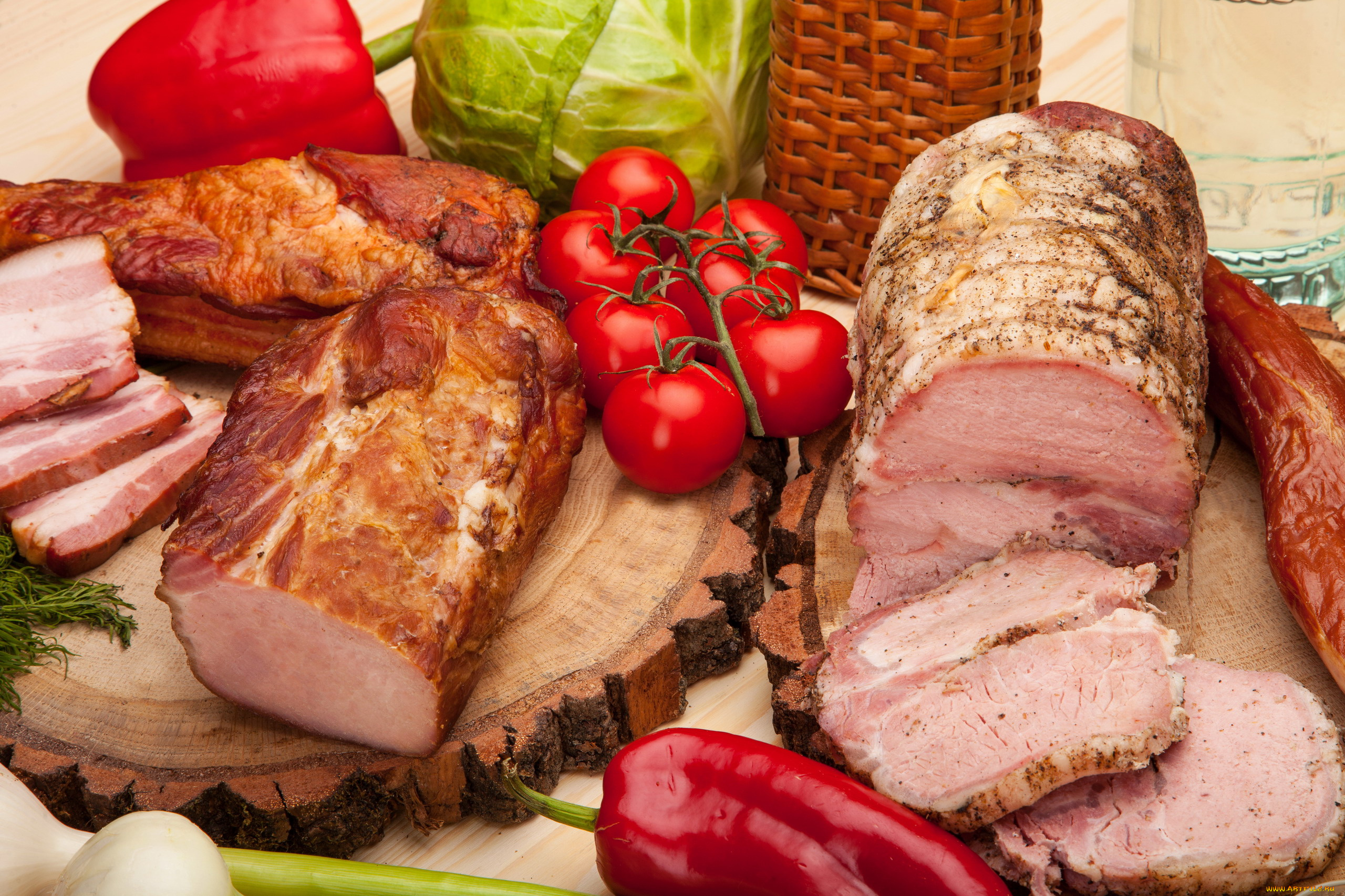 еда, колбасные, изделия, перец, помидоры, копчености