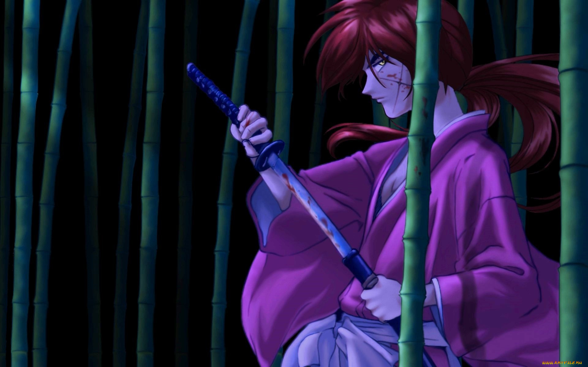аниме, rurouni, kenshin, парень, самурай, меч, шрам, бамбук