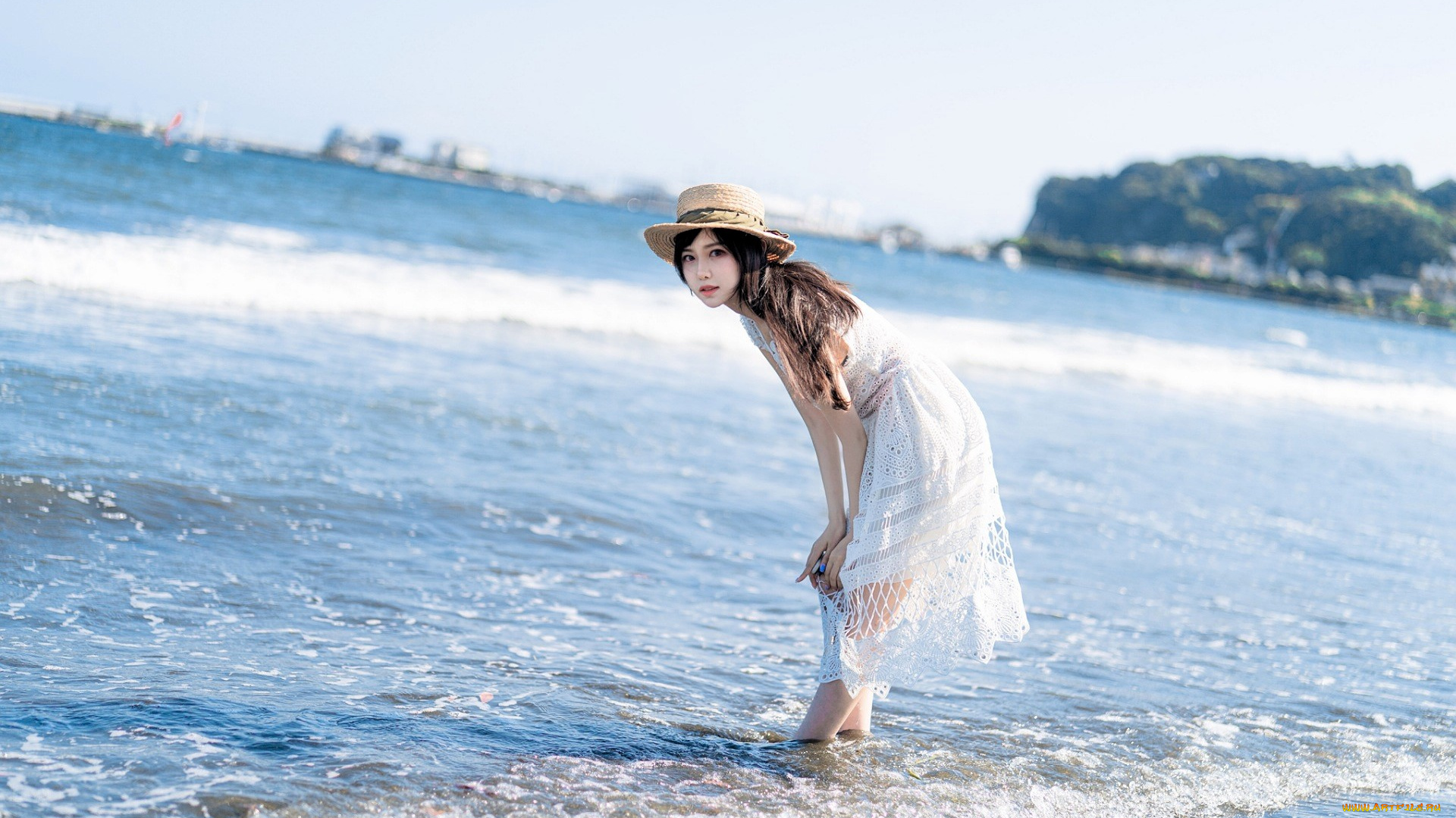 девушки, -, азиатки, шатенка, шляпа, море, берег