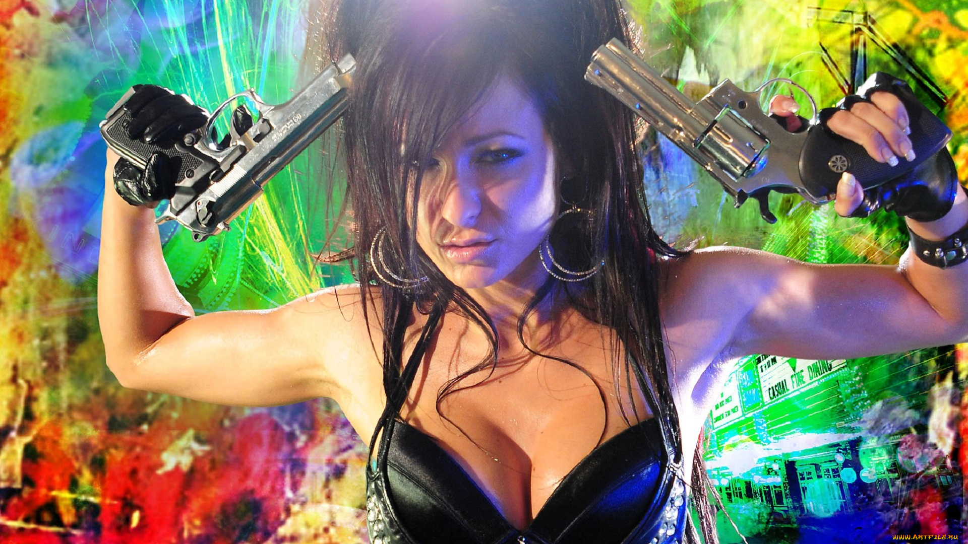 девушки, melisa, mendiny, , kristina, uhrinova, брюнетка, белье, пистолеты, перчатки