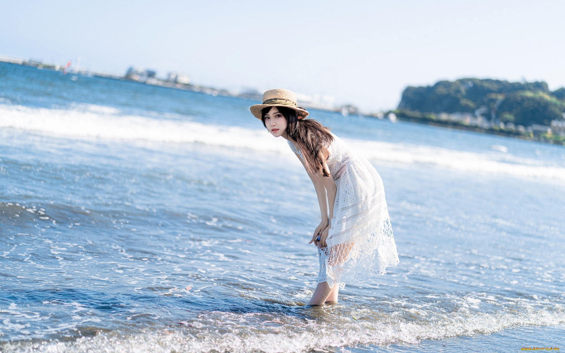 девушки, -, азиатки, шатенка, шляпа, море, берег