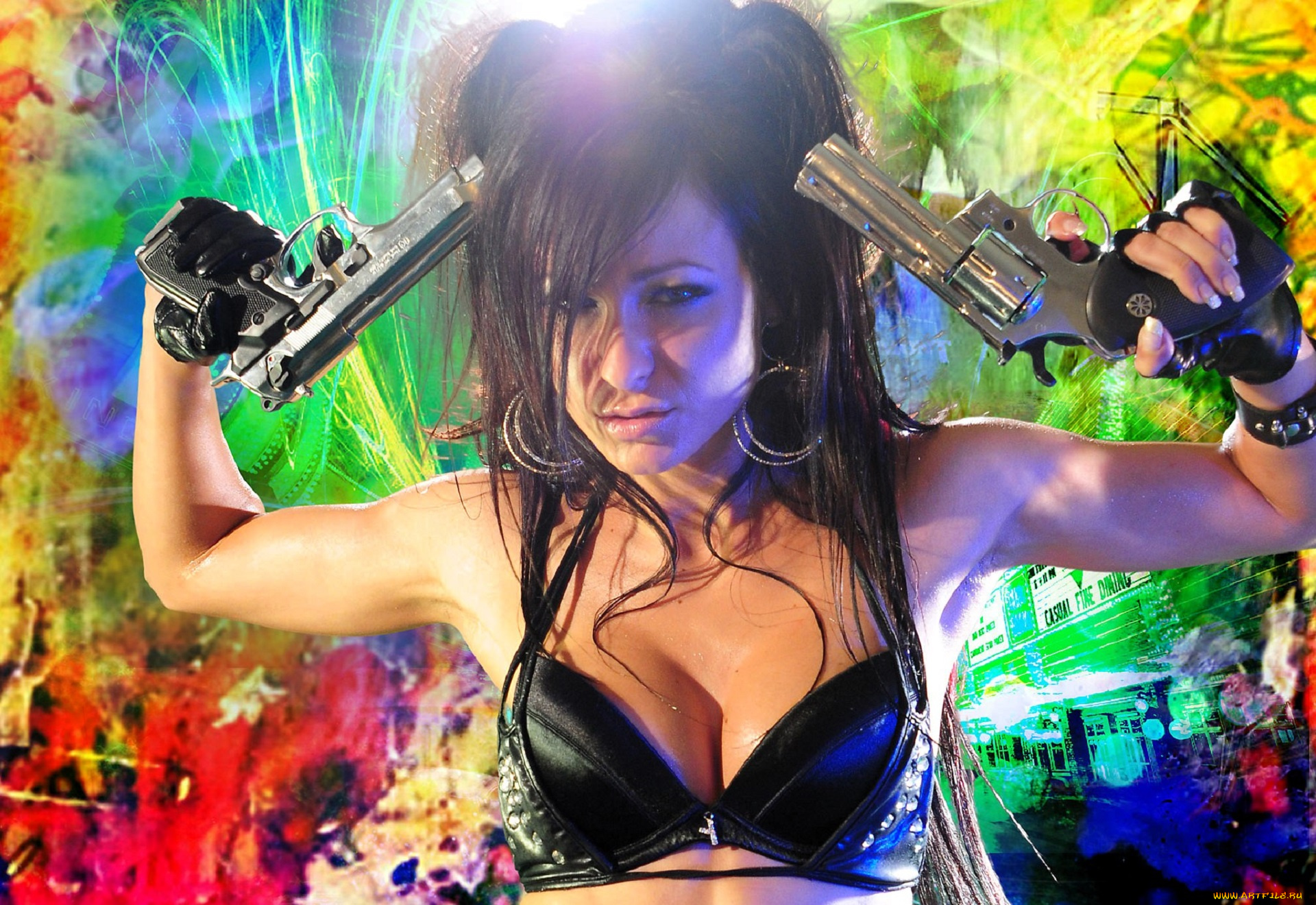 девушки, melisa, mendiny, , kristina, uhrinova, брюнетка, белье, пистолеты, перчатки
