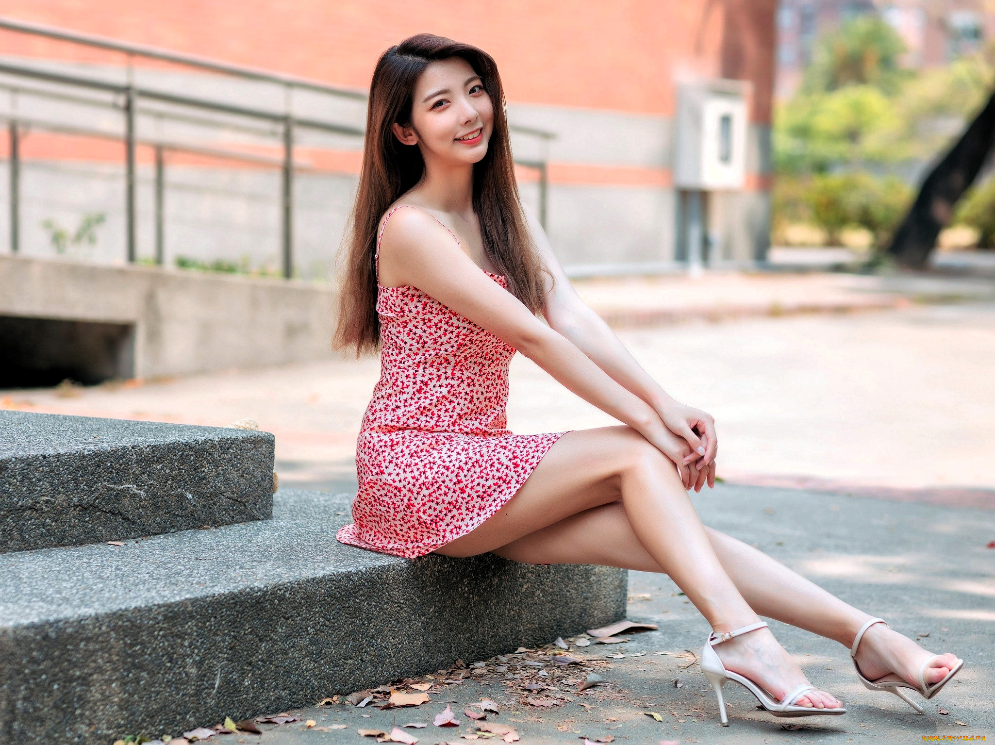 девушки, -, азиатки, шатенка, платье, каблуки, ступени, дом