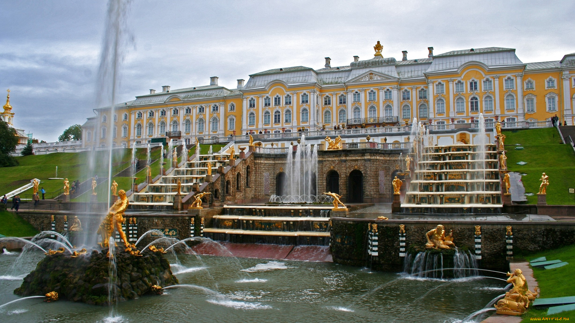 петергоф, города, санкт, петербург, россия, дворец, статуи, вода