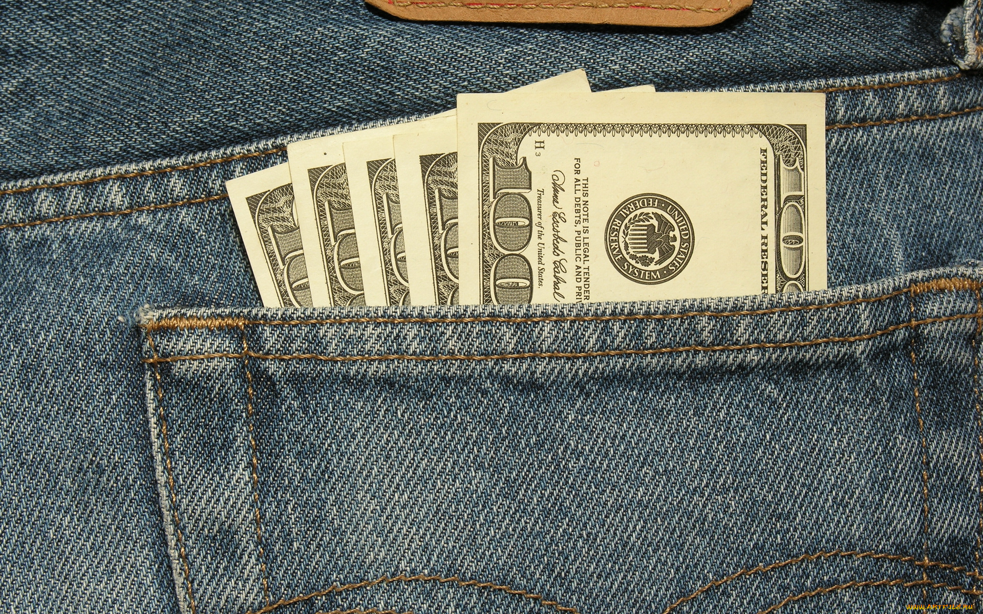 разное, золото, купюры, монеты, карман, доллары, джинсы