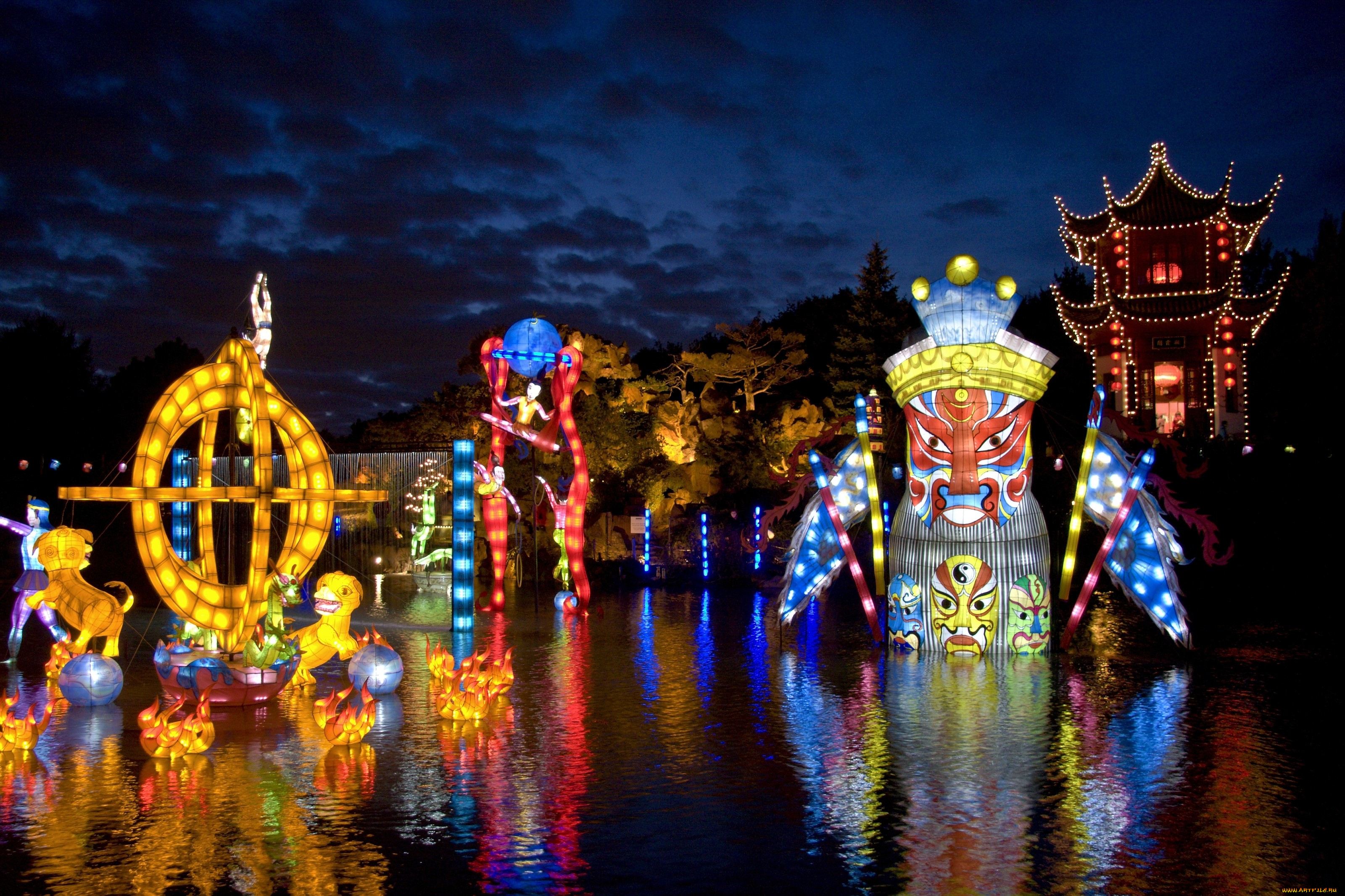 разное, иллюминация, пагода, дракон, ночь, огни