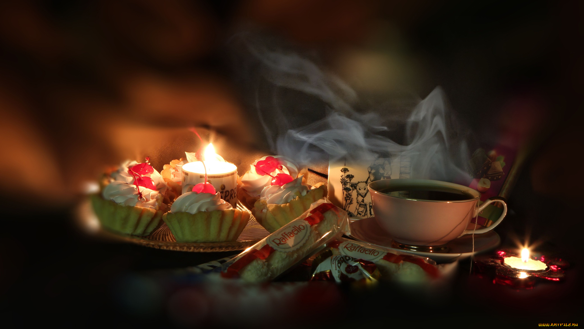 еда, натюрморт, чай, пирожное, рафаэлло, конфеты, свеча