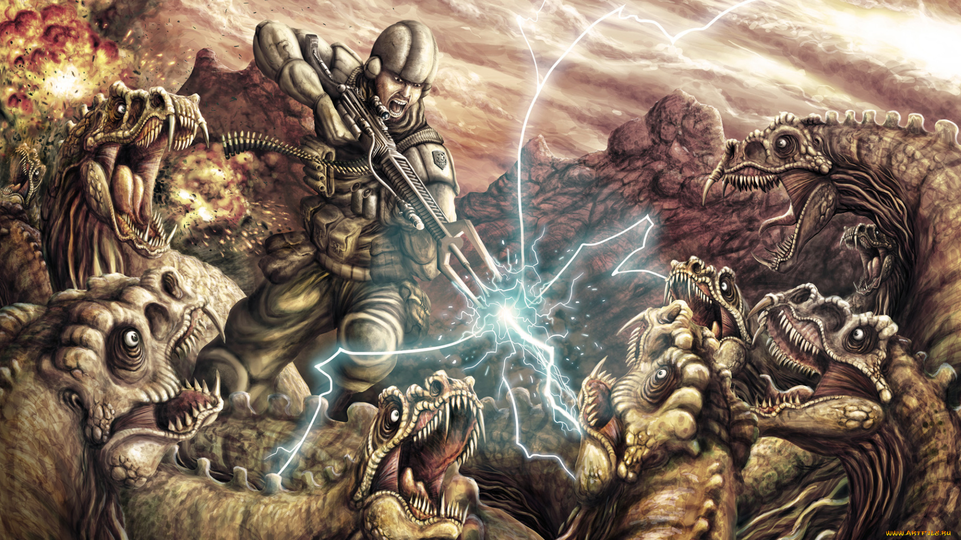 фэнтези, существа, чудовища, солдат, динозавры