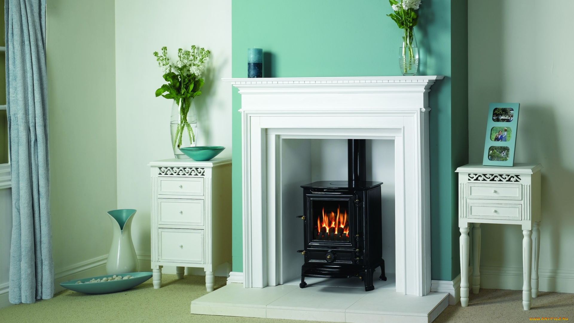 интерьер, камины, печка, огонь, этажерки, букеты