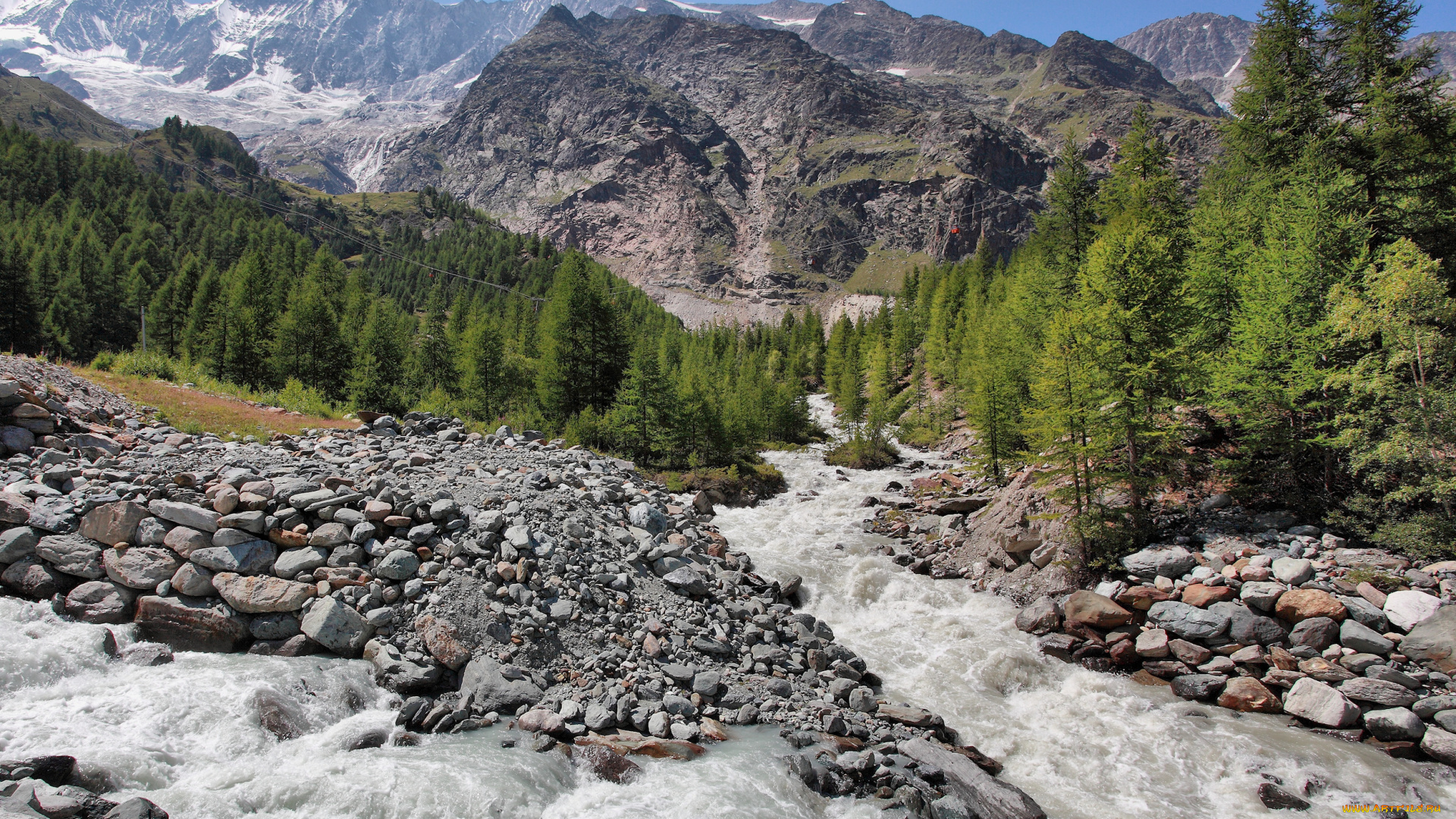 природа, горы, trees, water, mountains, stones, streams
