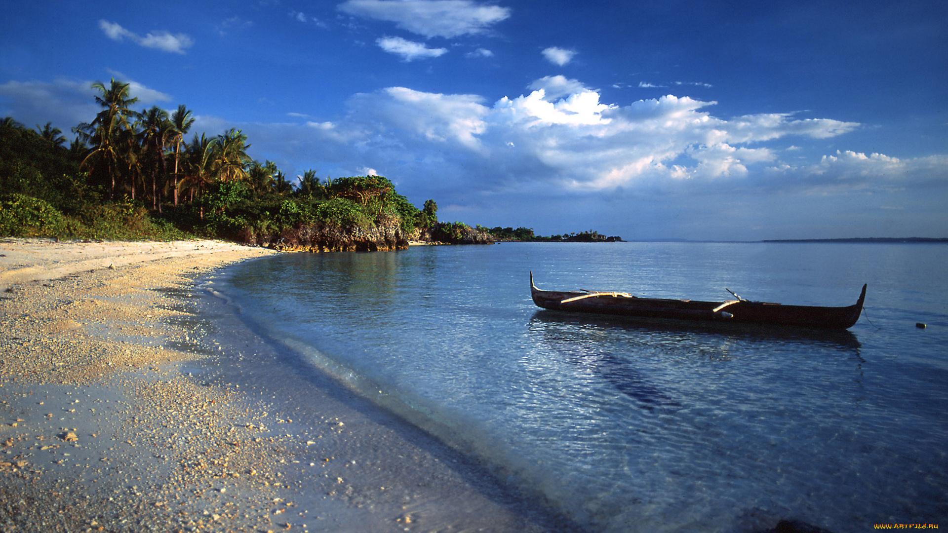 природа, побережье, океан, пляж, пальмы, лодка, тропики