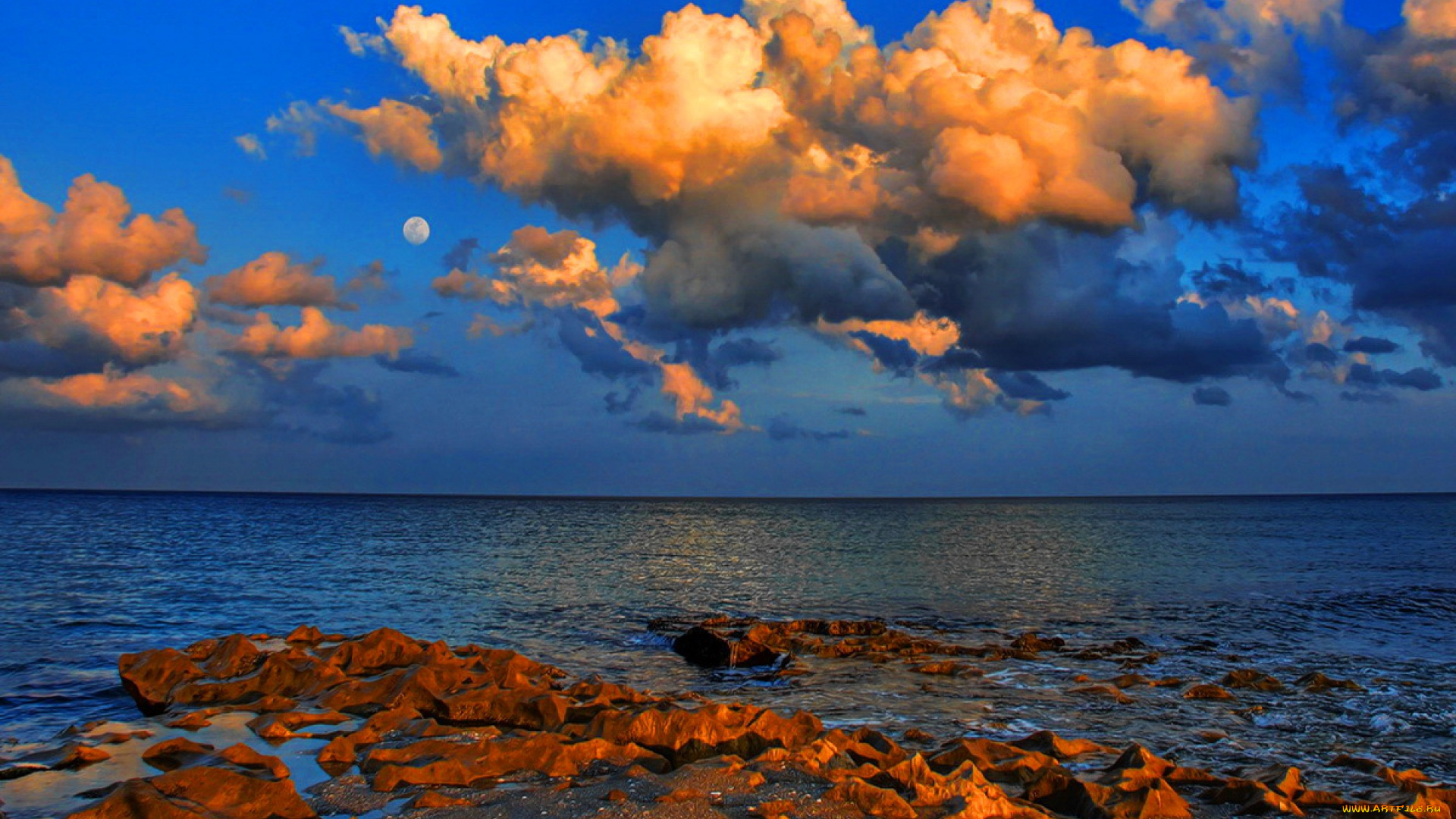 twilight, moonrise, природа, побережье, океан, рассвет, пляж, галька, облака