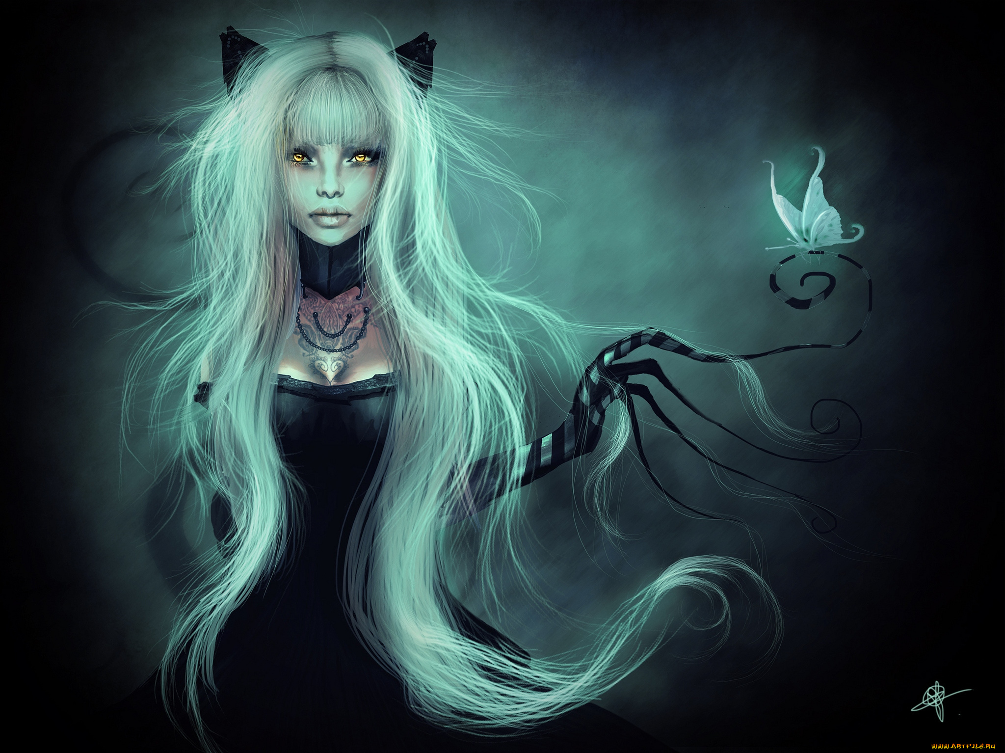 фэнтези, существа, бабочка, ушки, кошка, волосы