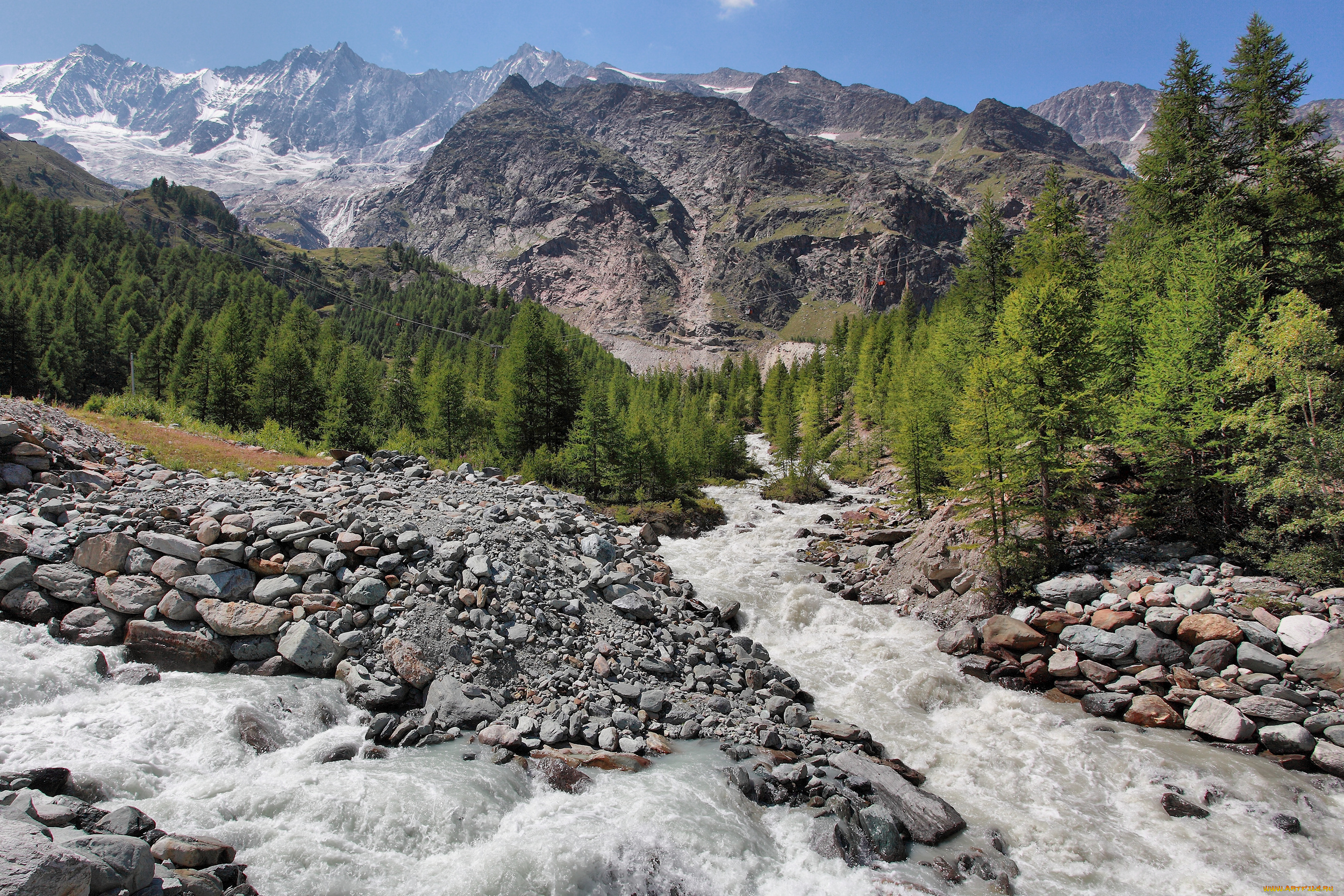 природа, горы, trees, water, mountains, stones, streams