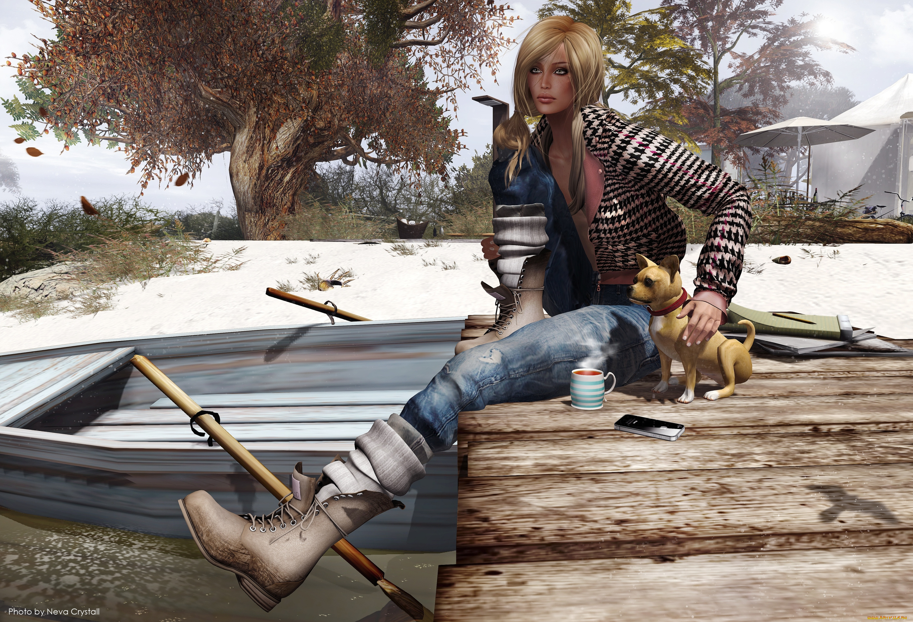 3д, графика, people, люди, девушка, собачка, пристань, ботинок