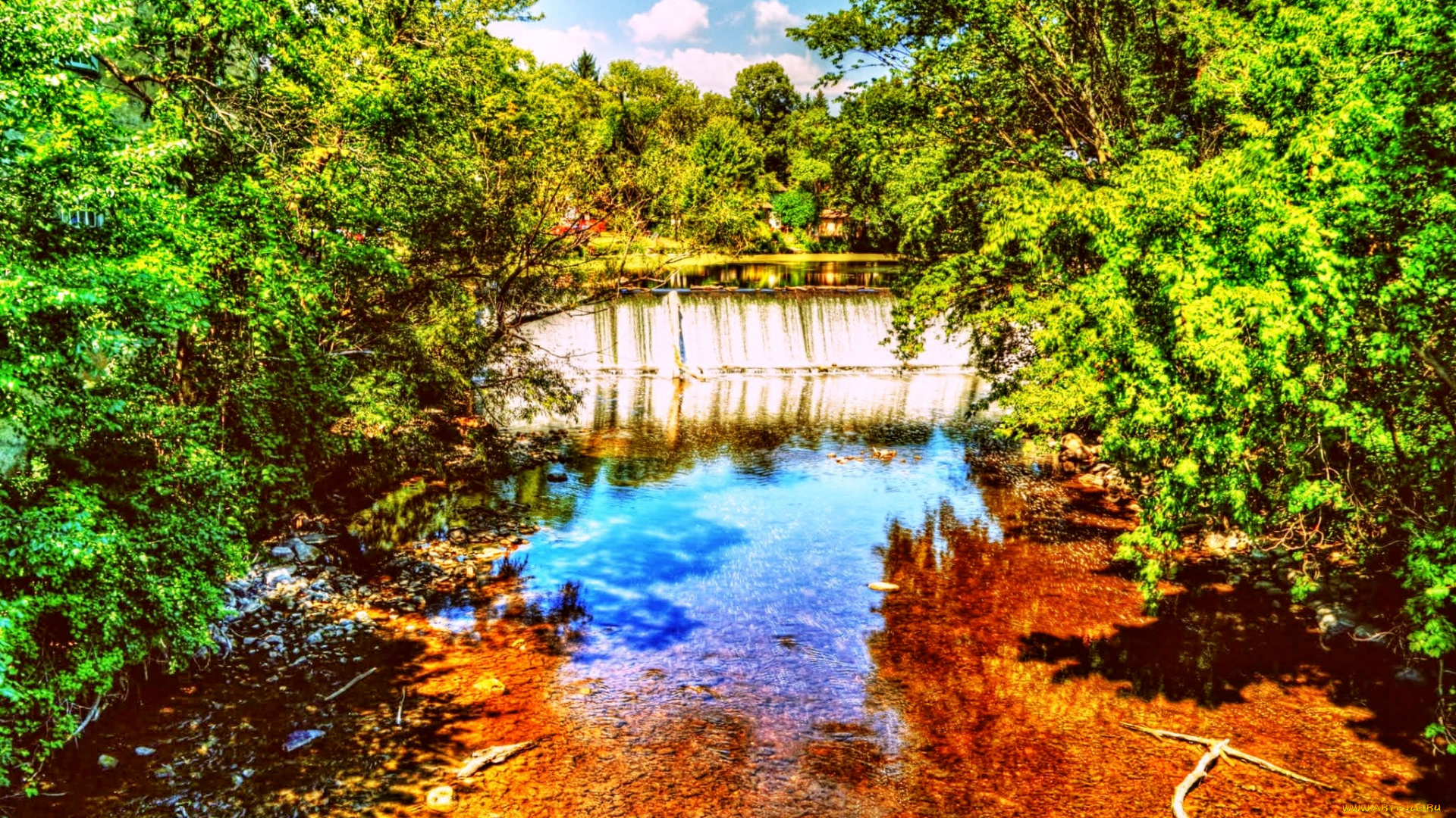 природа, водопады, лес, река, дамба, водопад, осень, краски