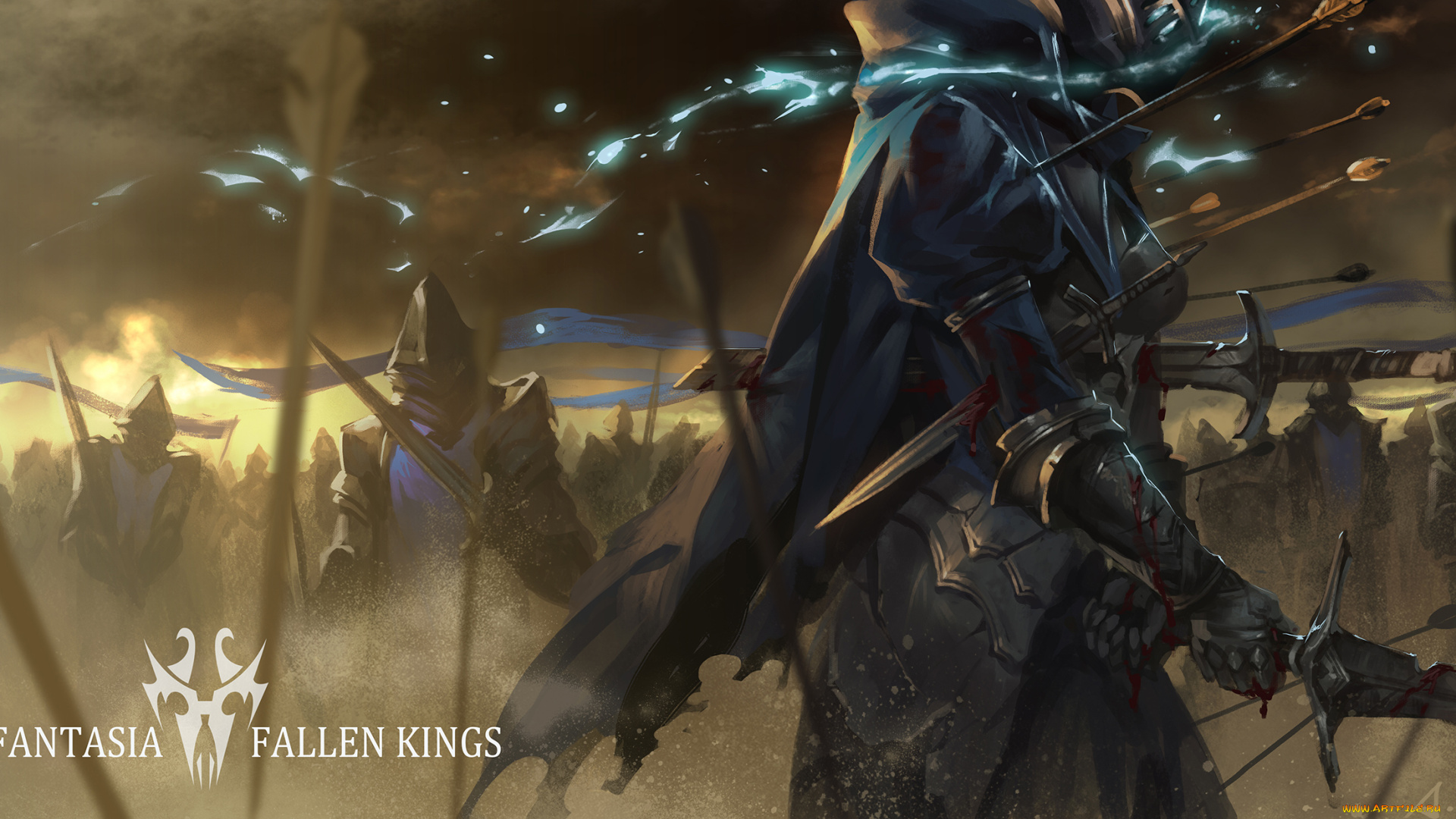 аниме, pixiv, fantasia, битва, война, люди, воин, alcd, меч, ранение, знамя, девушка, кинжал, стрелы, копье, броня, оружие, тучи