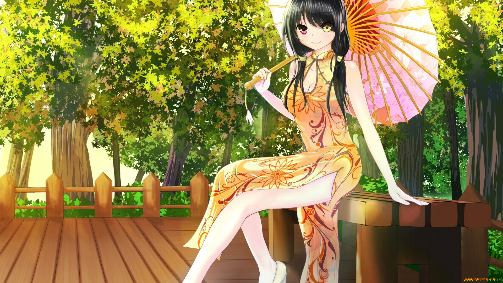 аниме, date, a, live, девушка, взгляд, фон, зонтик, парк, скамейка