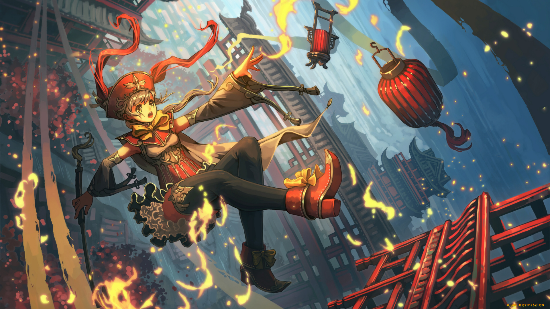 аниме, город, , улицы, , здания, bespin, арт, девочка, фонарики