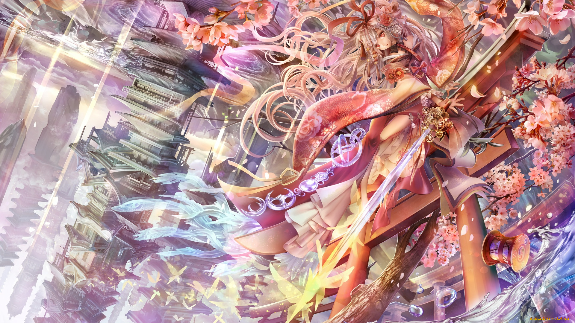 аниме, город, , улицы, , здания, фантастика, цветы, девушка, арт, afraco