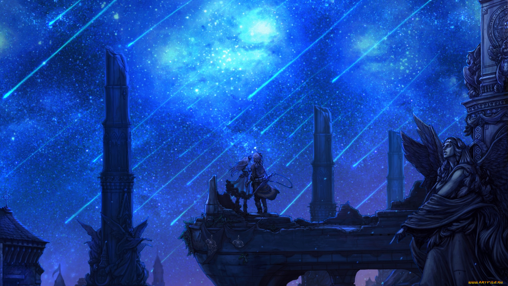 аниме, город, , улицы, , здания, парень, персонаж, kanan, the, last, story, девушка, звезды, ночь, небо, mistwalker, арт