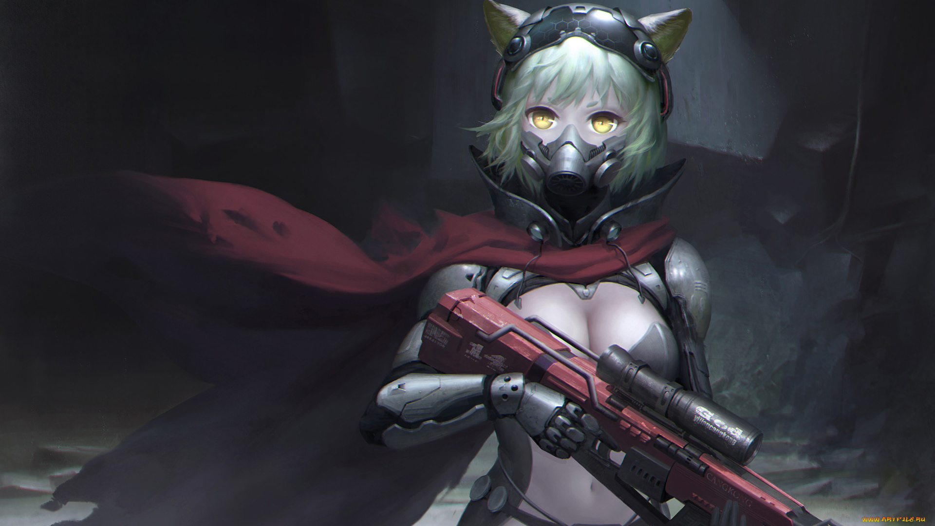 аниме, оружие, , техника, , технологии, cangkong, арт, девушка, маска, противогаз