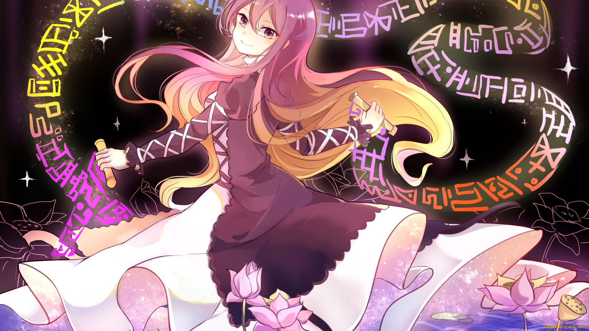 аниме, touhou, платье, девушка, взгляд, фон, лотосы