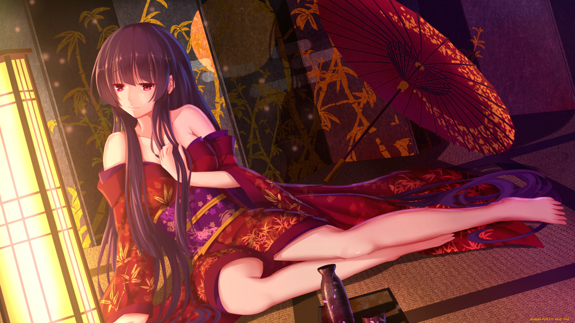 аниме, unknown, , другое, алкоголь, девушка, кимоно, лампа, свет, зонтик, взгляд, фон
