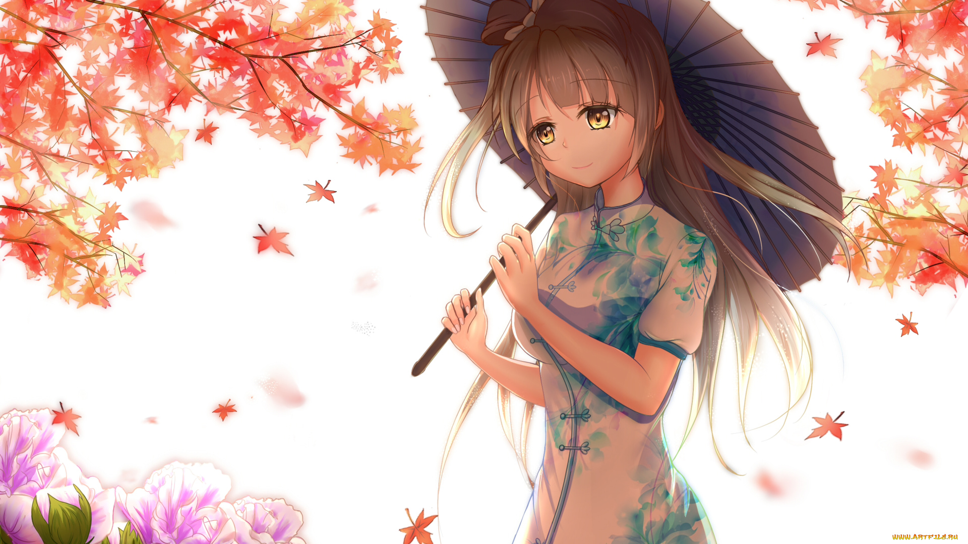 аниме, unknown, , другое, листья, осень, девушка, взгляд, фон, зонтик, клен