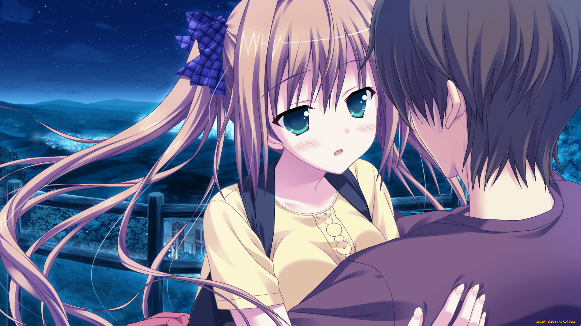 аниме, unknown, , другое, ночь, звезды, объятия, смущение, двое